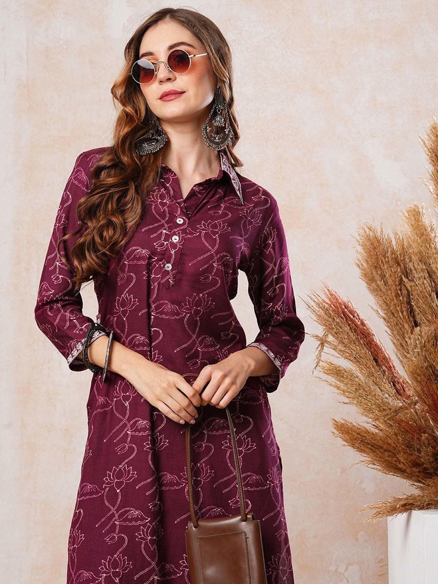 Fashor Burgundy Printed Kurta & Pants Set