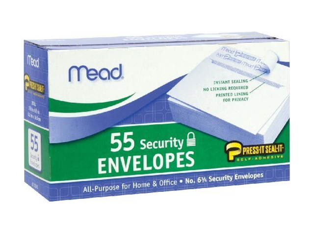 Mead 75030 Press-it Seal-it Security Envelope, 3 5/8 &times; 6 1/2, 20 lb, White, 55/Box