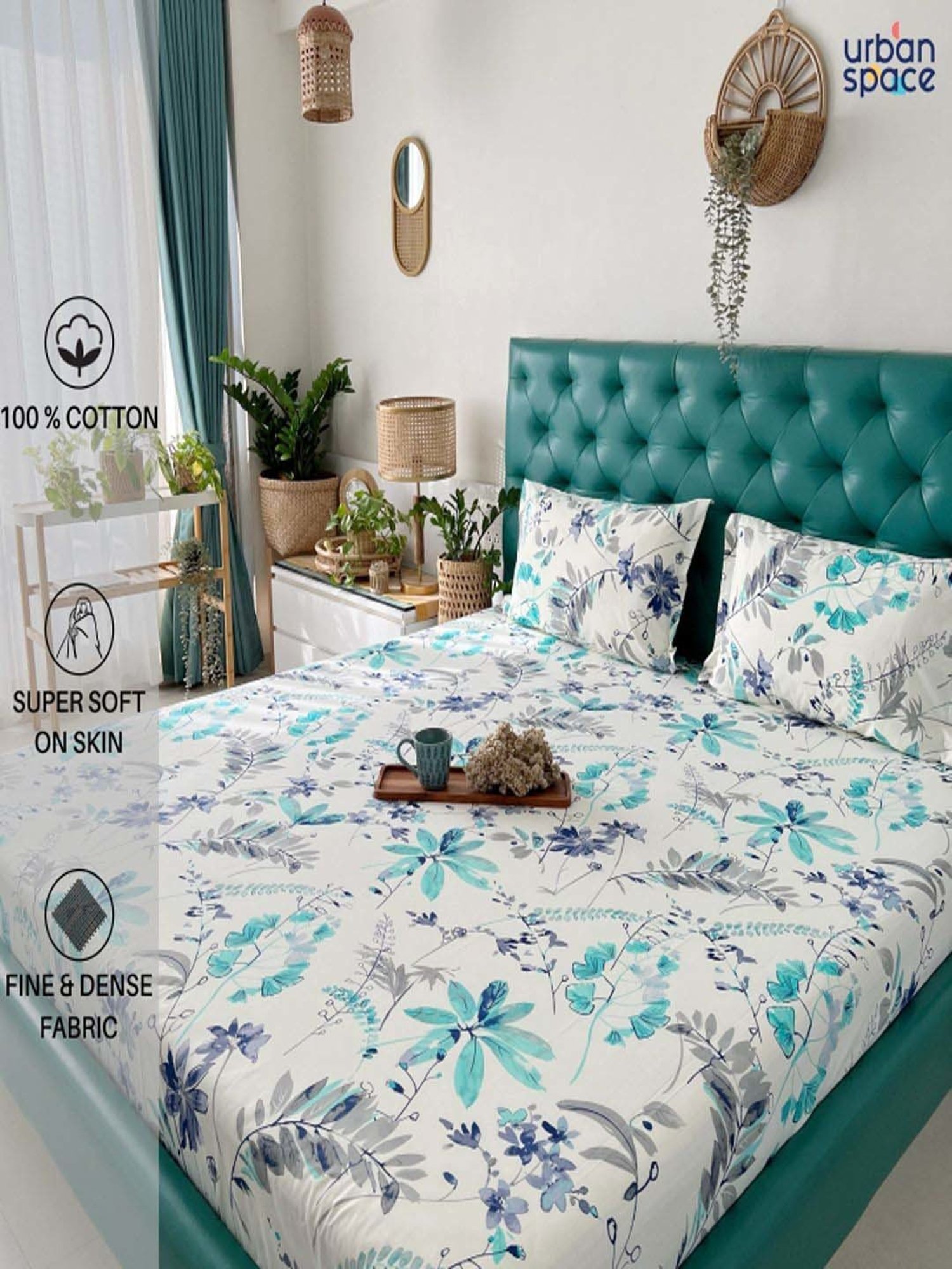 Urban Space Teal Blue & White Cotton 200 TC Double Bedsheet with 2 Pillow Covers