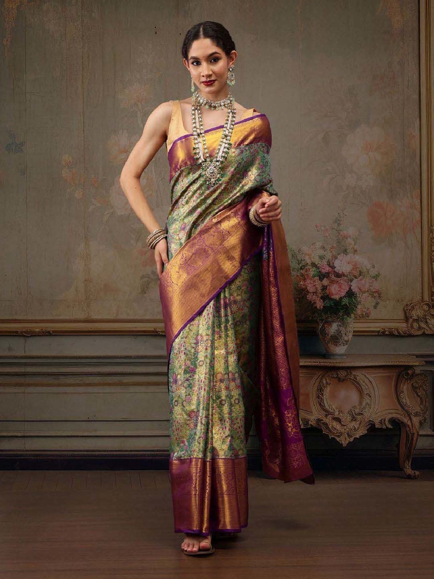 Silk Land Green Silk Woven Saree With Unstitched Blouse