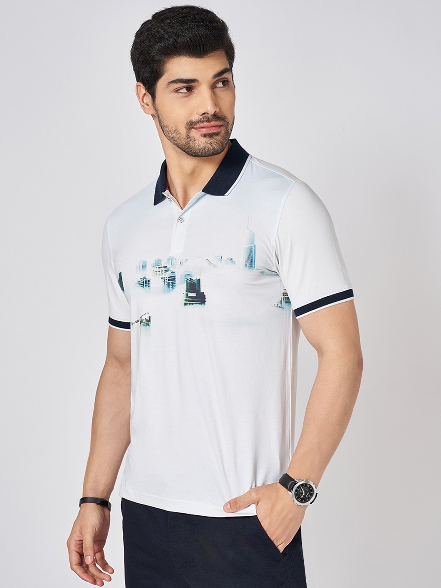 Byford By Pantaloons White Cotton Slim Fit Printed Polo T-Shirt