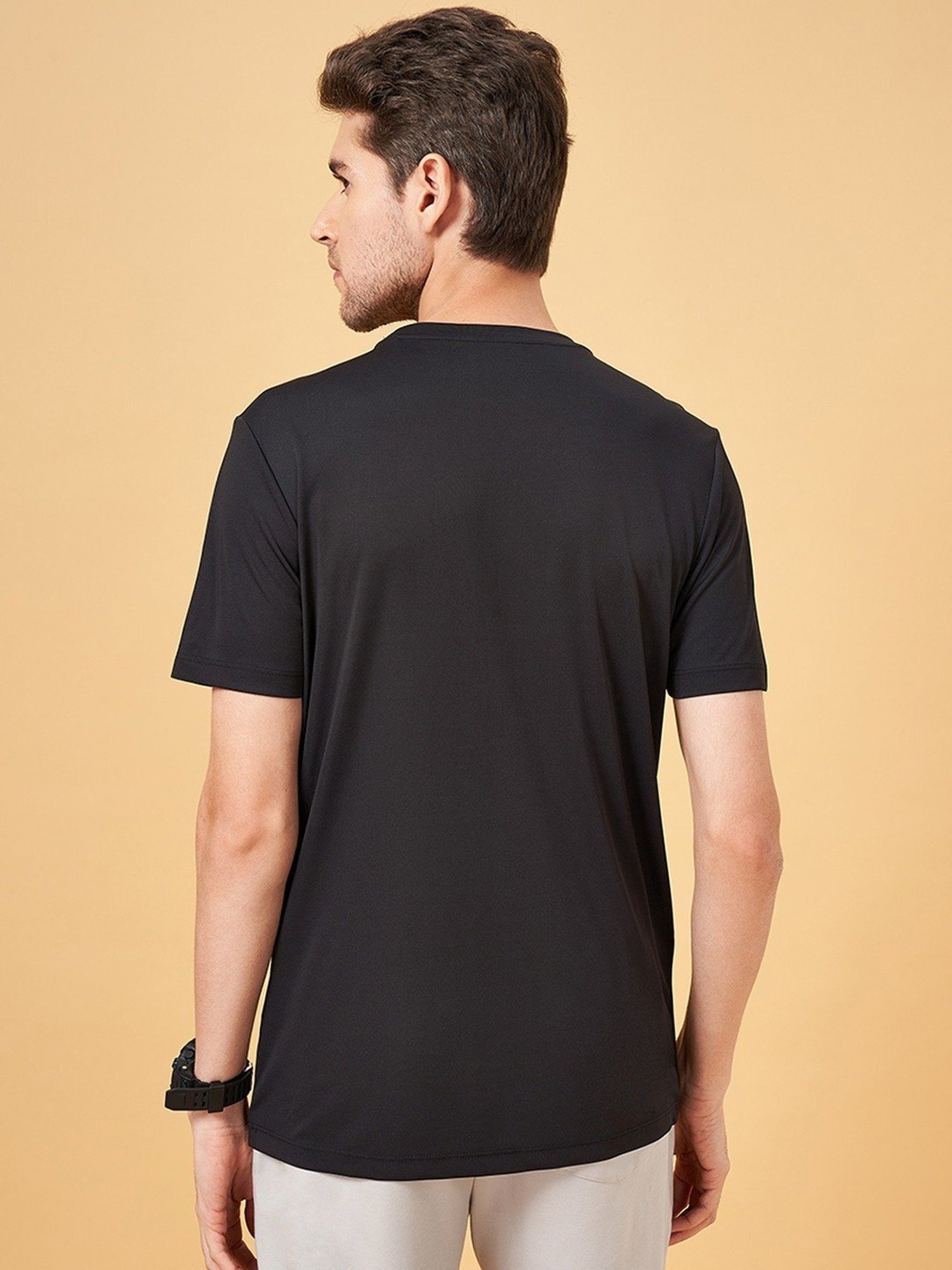 Ajile by Pantaloons Jet Black Slim Fit Printed Sports T-Shirt