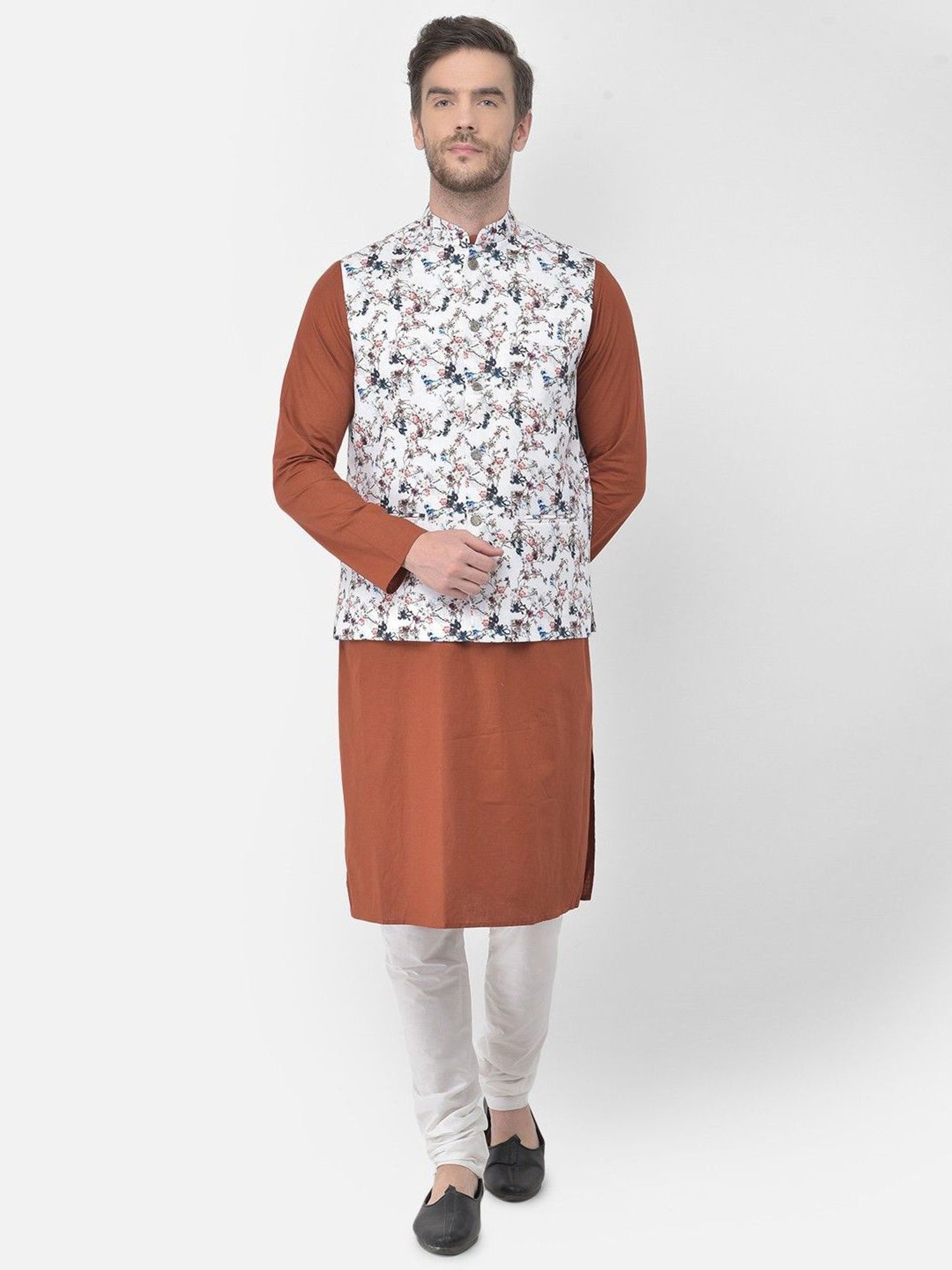 TABARD White Cotton Regular Printed Nehru Jacket
