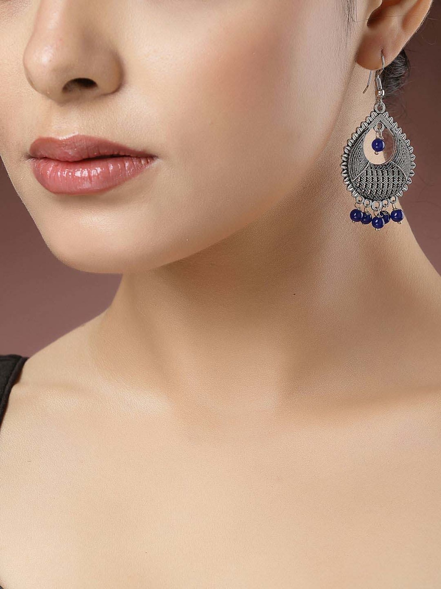 NVR Silver-Plated Artificial Beads German Silver Oxidized Chand Bali Earrings for Women