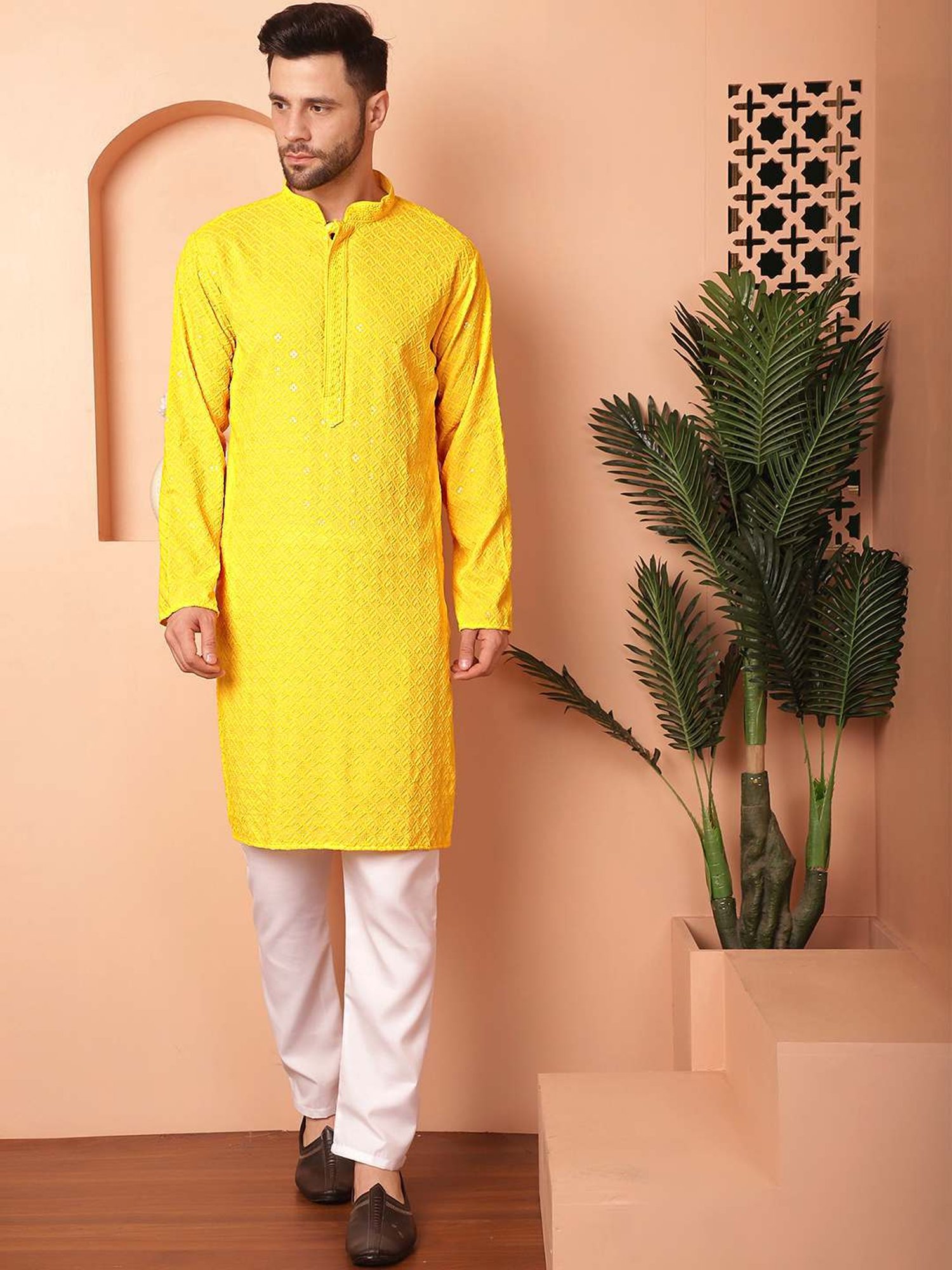 Jompers Yellow Regular Fit Embroidered Kurta Bottom Set