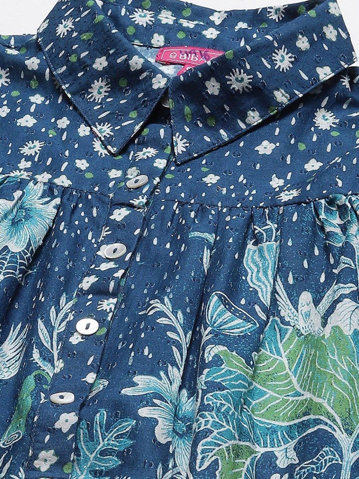 Biba Kids Blue Cotton Floral Print Full Sleeves Shirt
