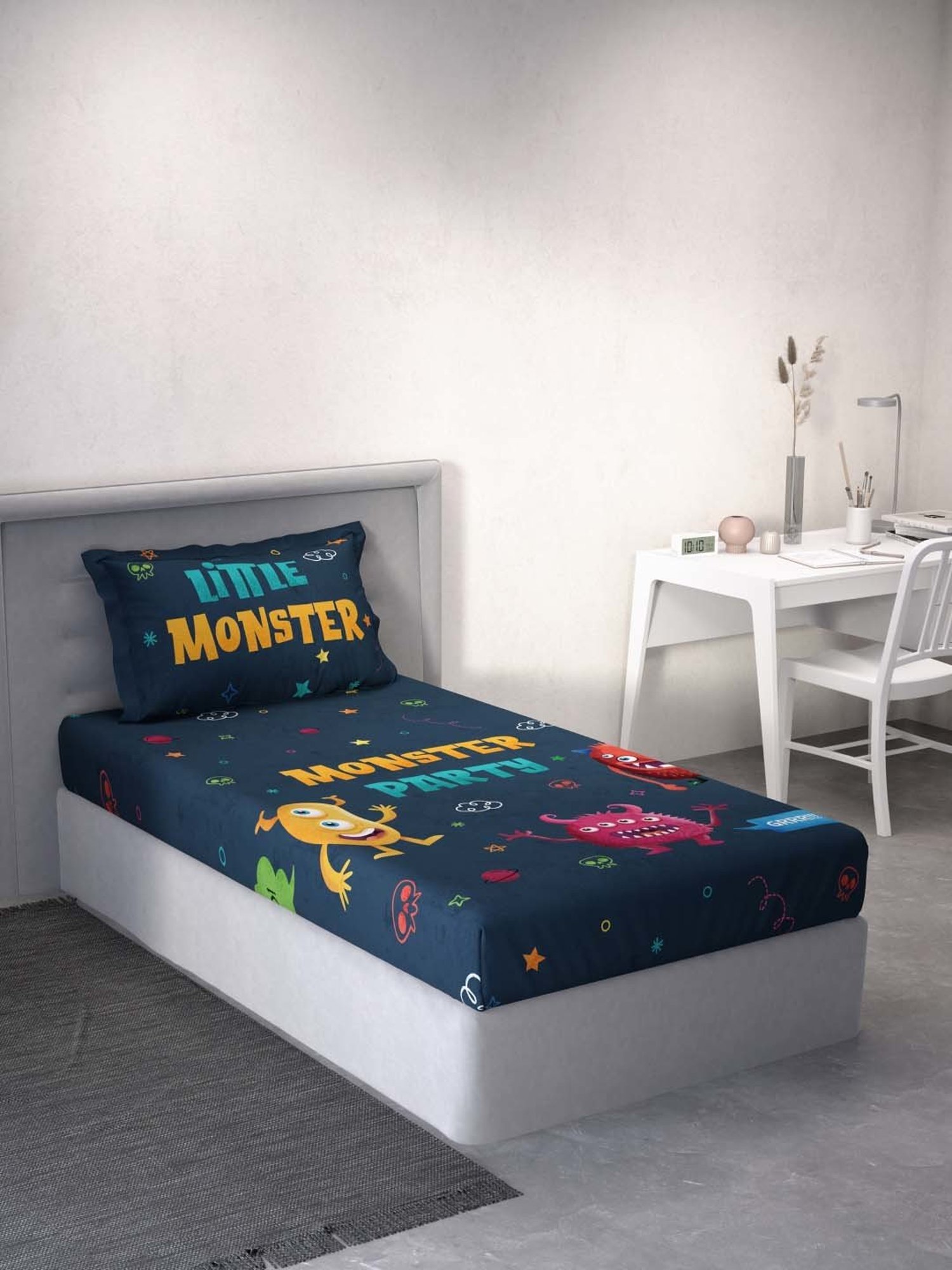 Ddecor Live beautiful Little Brats Blue 144 TC Cotton Single Bedsheet with 1 Pillow Cover