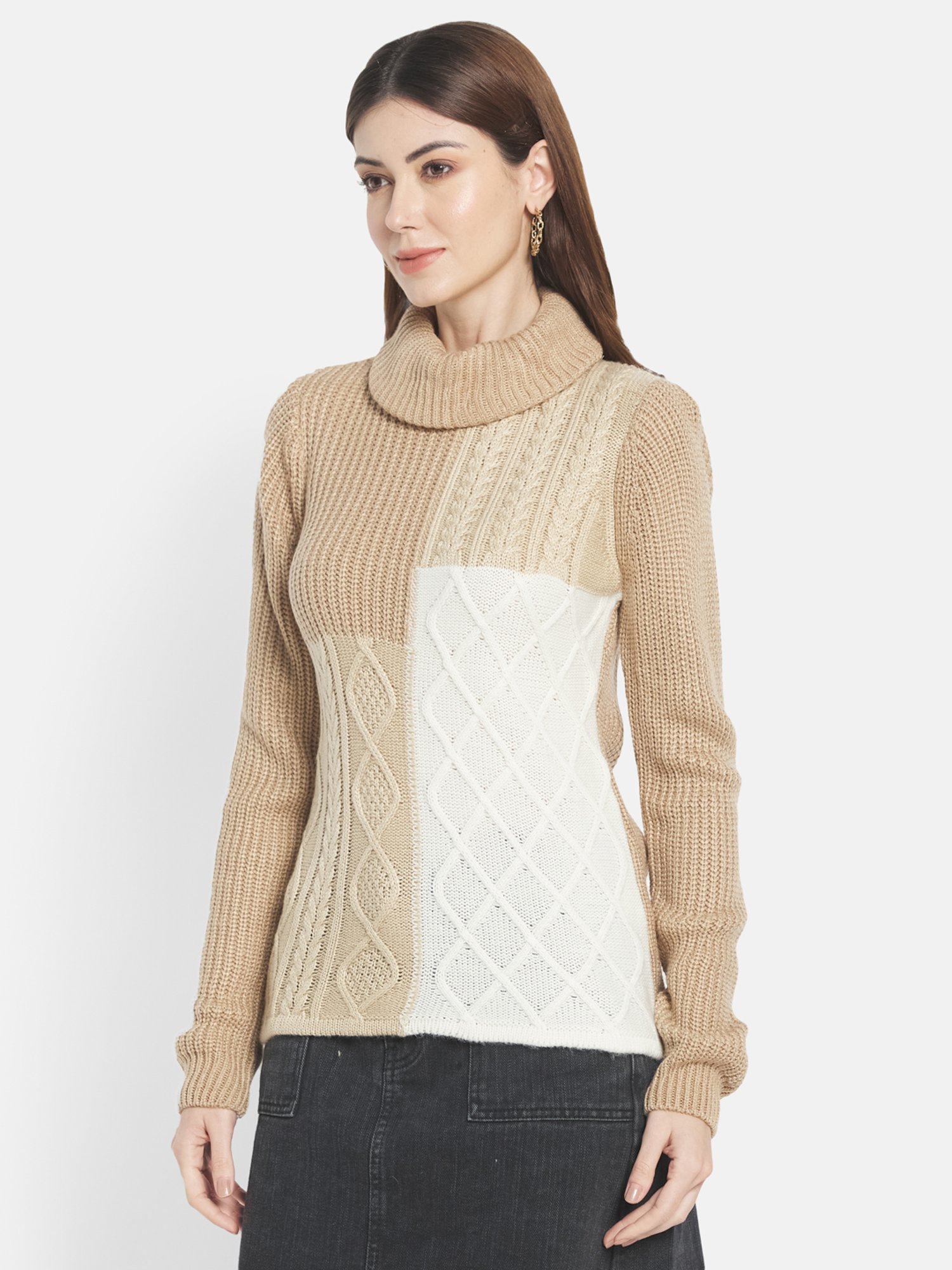 METTLE Beige & White Color Block Pattern Pullover