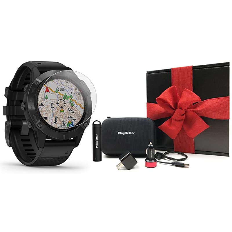 Garmin Fenix 6 Pro (Black with Black Band) Gift Box Bundle | +HD Screen Protectors,  Portable Charger, Car/Wall Adapters & Protective Case | Multisport Fitness Watch