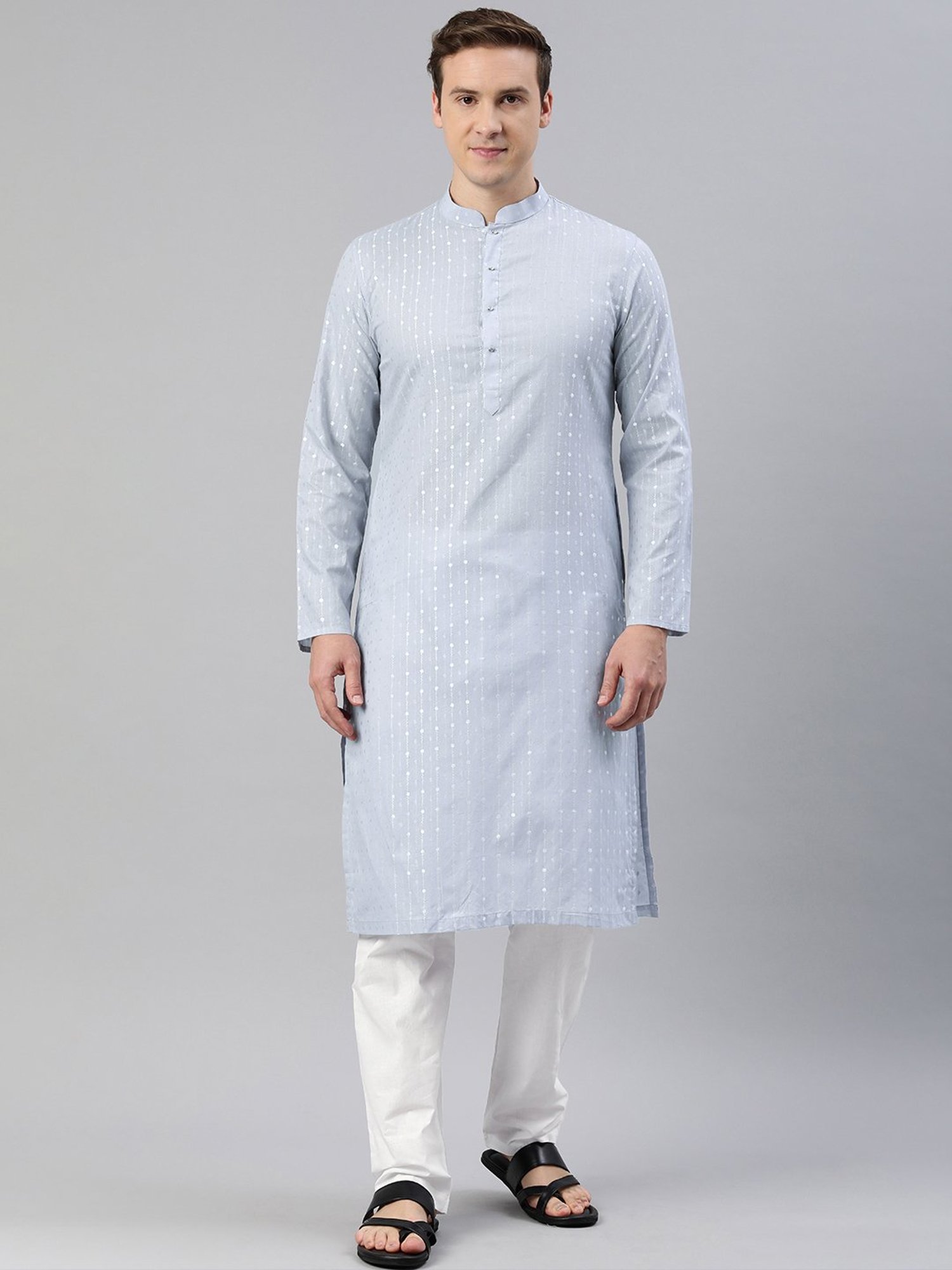 Manthan Slate Grey & White Regular Fit Self Design Kurta & Pyjamas Set
