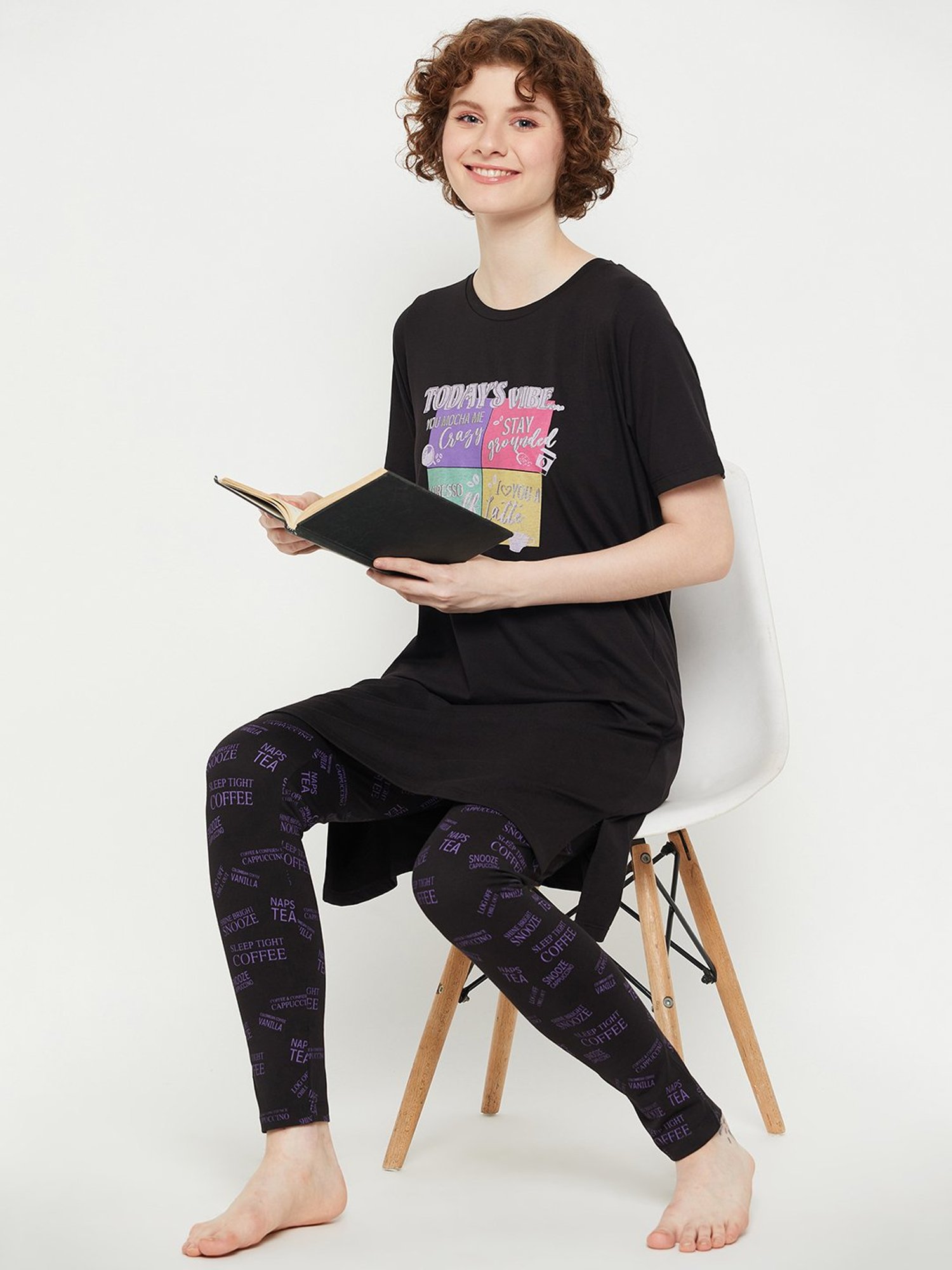 MADAME M Secret Black Graphic Print Long T-Shirt With Pyjamas