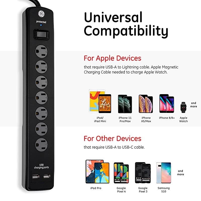 7 Strip Sur Protector with 2 Port USB Charr 3 Ft Power Cord Twist to Close Safety Outlets1300 Joules 21A10W UL Listed Black 33664