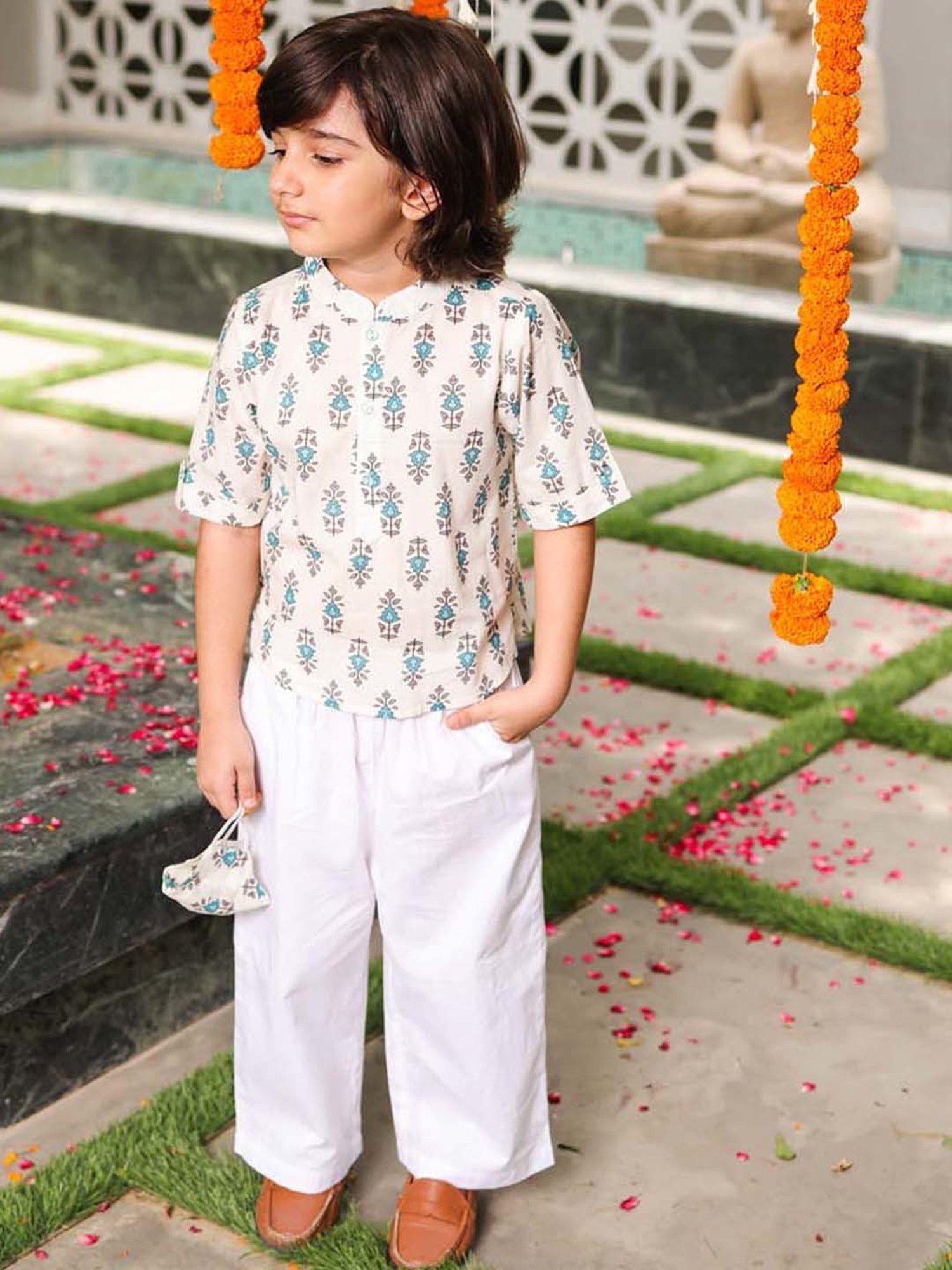 Budding Bees Boys Blue & White Cotton Printed Shirt with Mask