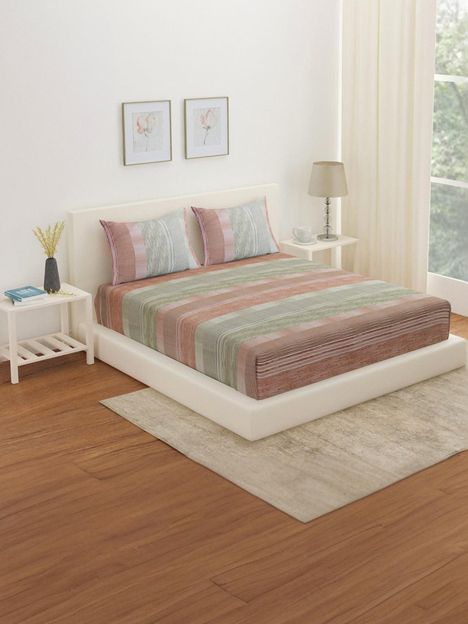 @Home Arias Grey & Red 225 TC Cotton Satin King Bedsheet with 2 Pillow Covers