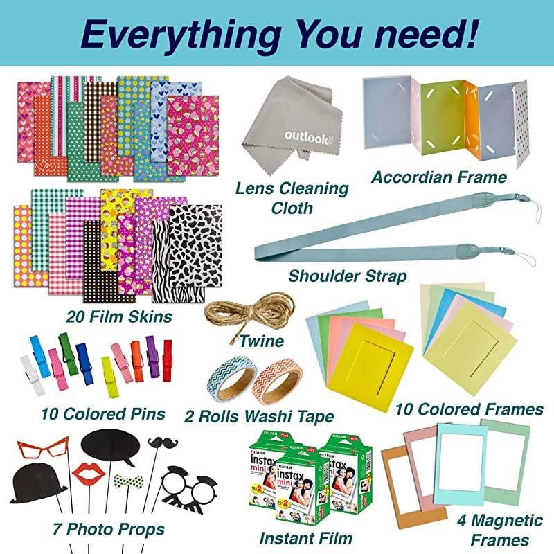 Piece Fujifilm Instax Mini 11 9 8 90 70 Camera Accessories Travel Kit Backpack Shoulder Bag Fuji Instant Film 60 Sheets Lens Cloth Strap Washi Tape StickersFramesAlbum Ice Blue