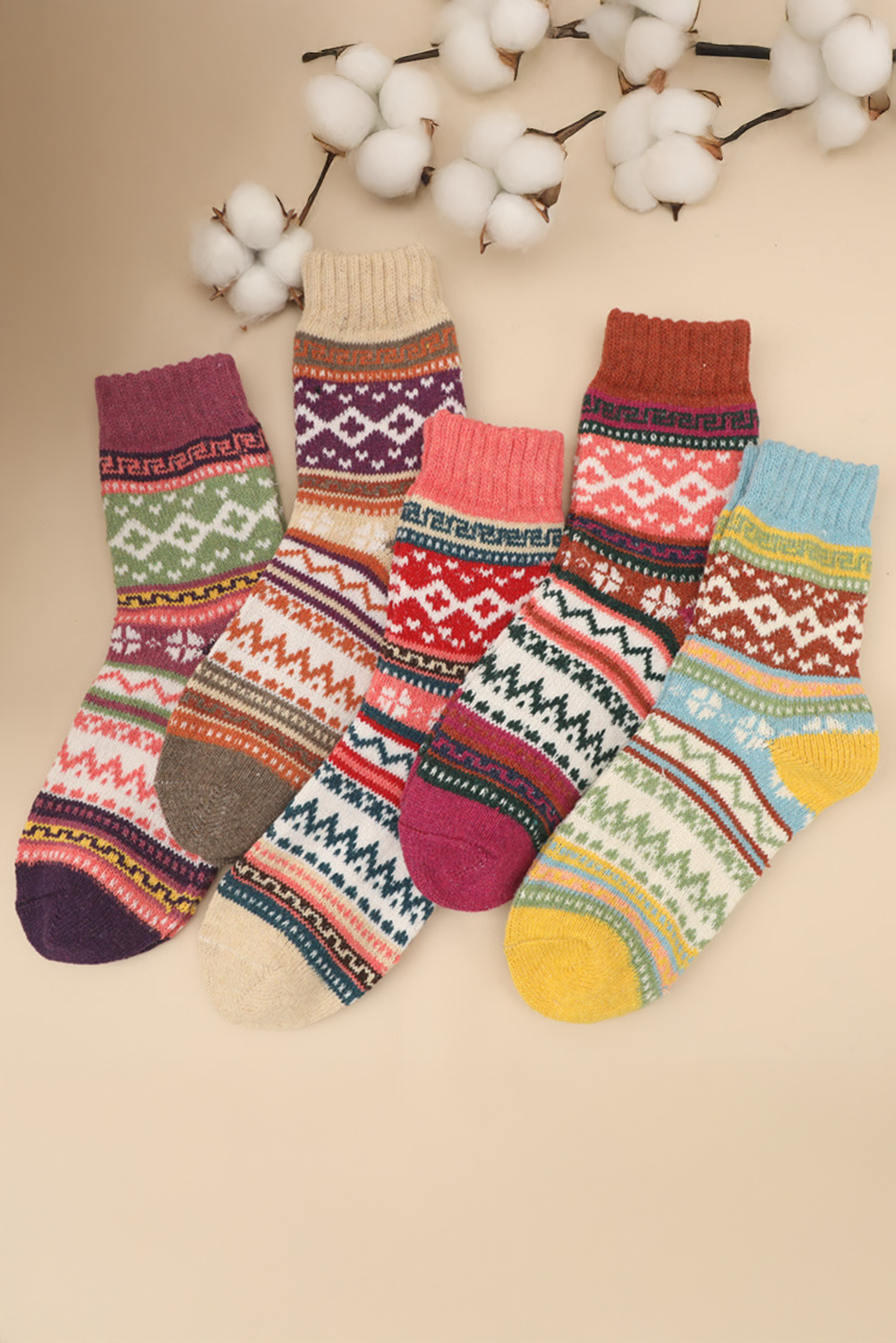 Camel Vintage Geometric Striped Warm Winter Socks