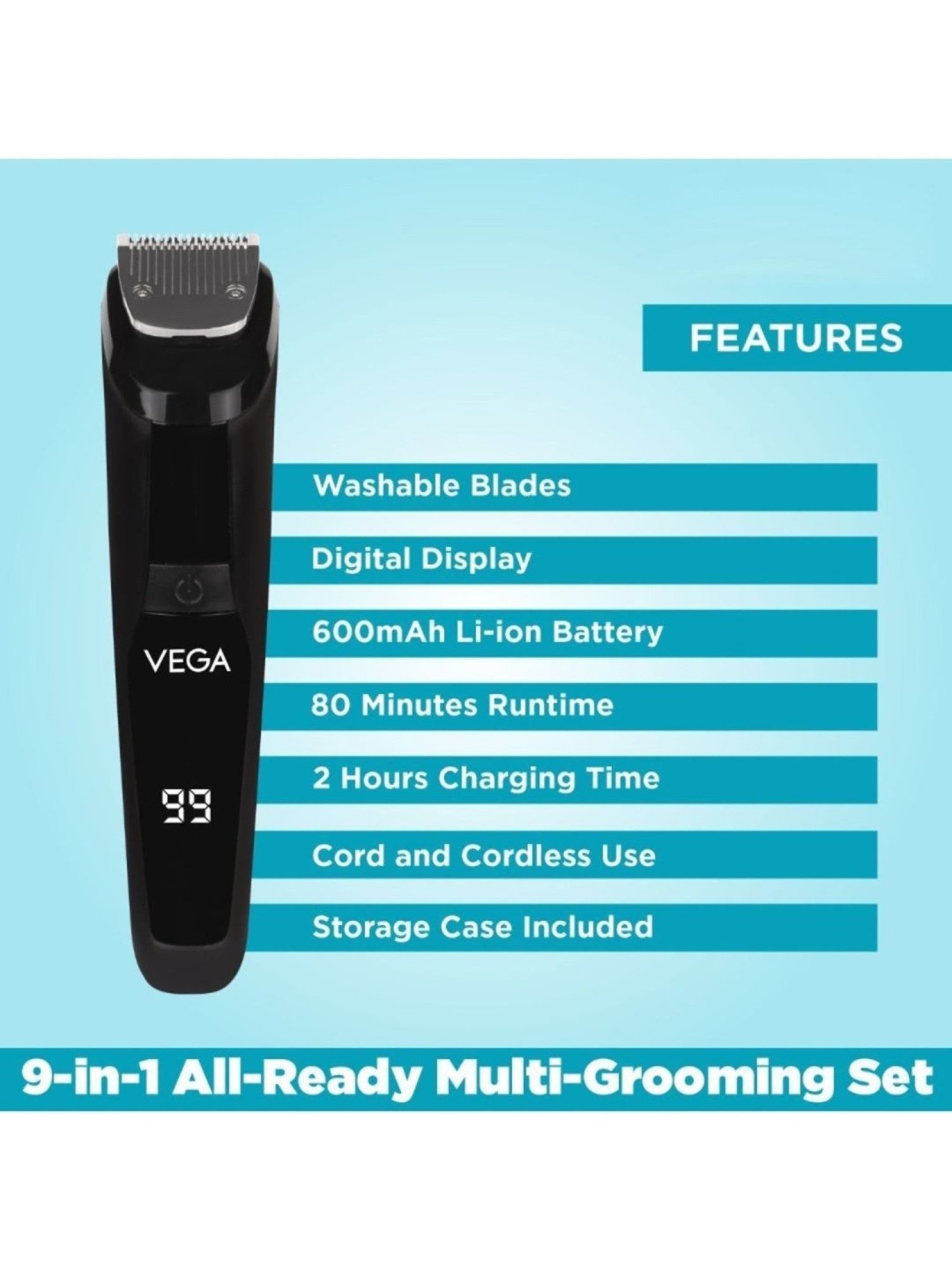 Vega Men 9-in-1 Multi-Grooming Set with Beard/Hair Trimmer, Nose Trimmer & Body Groomer & Shaver