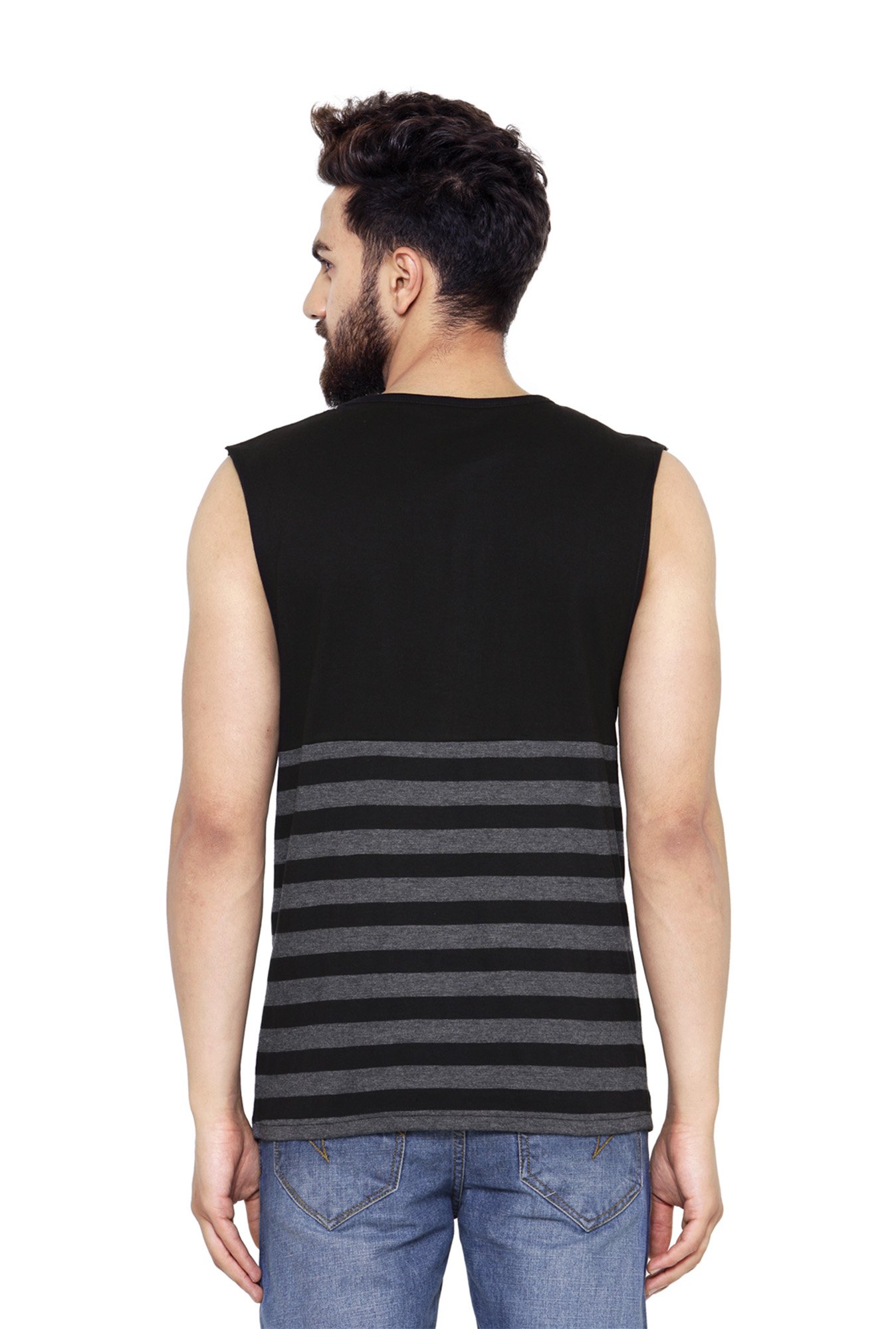 Hypernation Black & Grey Striped Sleeveless T-Shirt