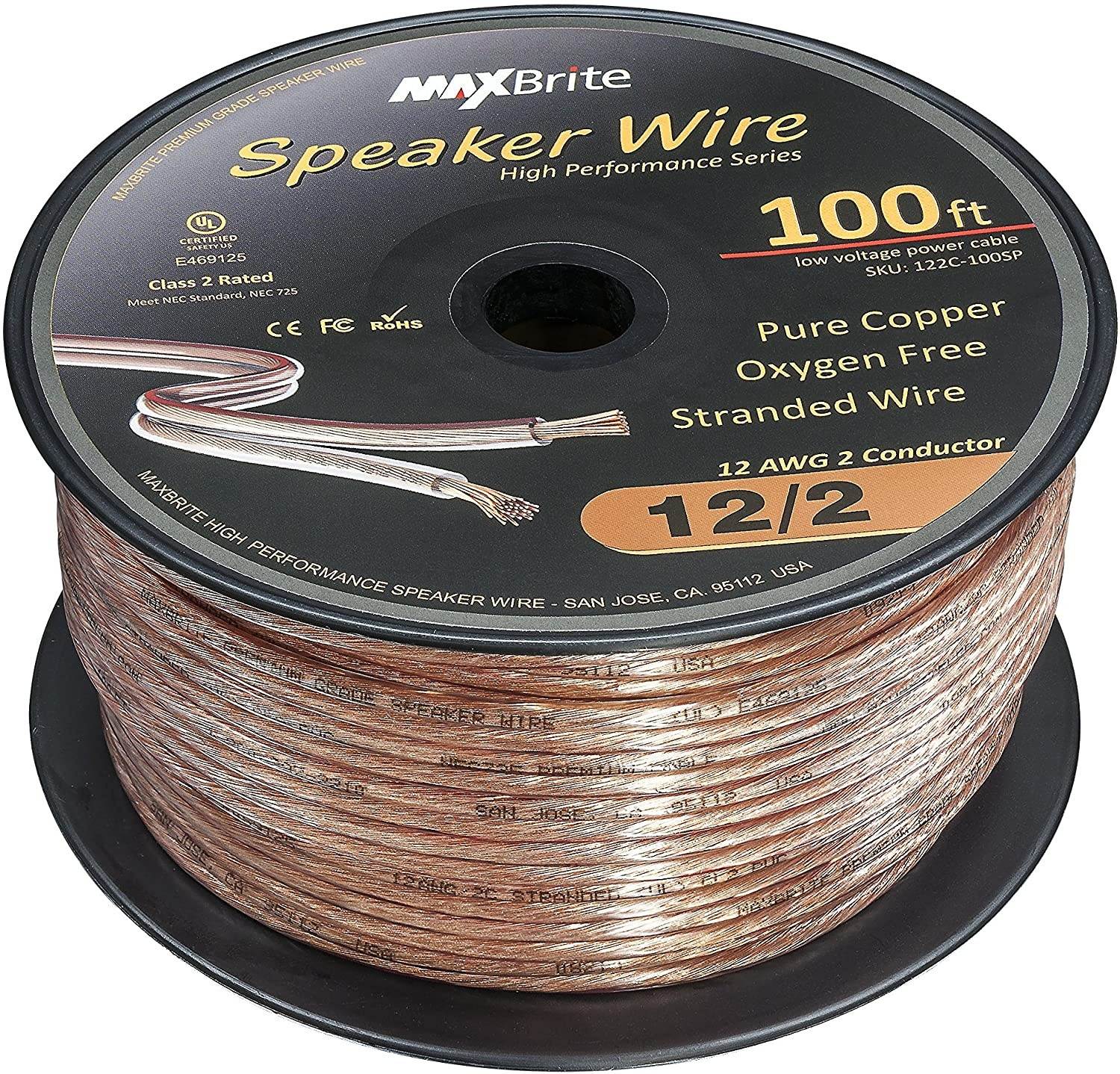 High Performance 12 Gauge Speaker Wire Oxygen Free Pure Copper - UL Listed Class 2 (100 Feet Spool)