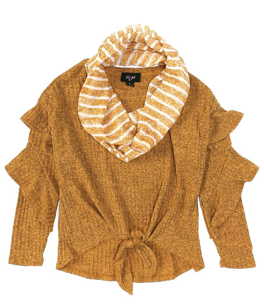 I.N. Girl Big Girls 7-16 Ruffled Long-Sleeve Tie-Front With Scarf Knit Top