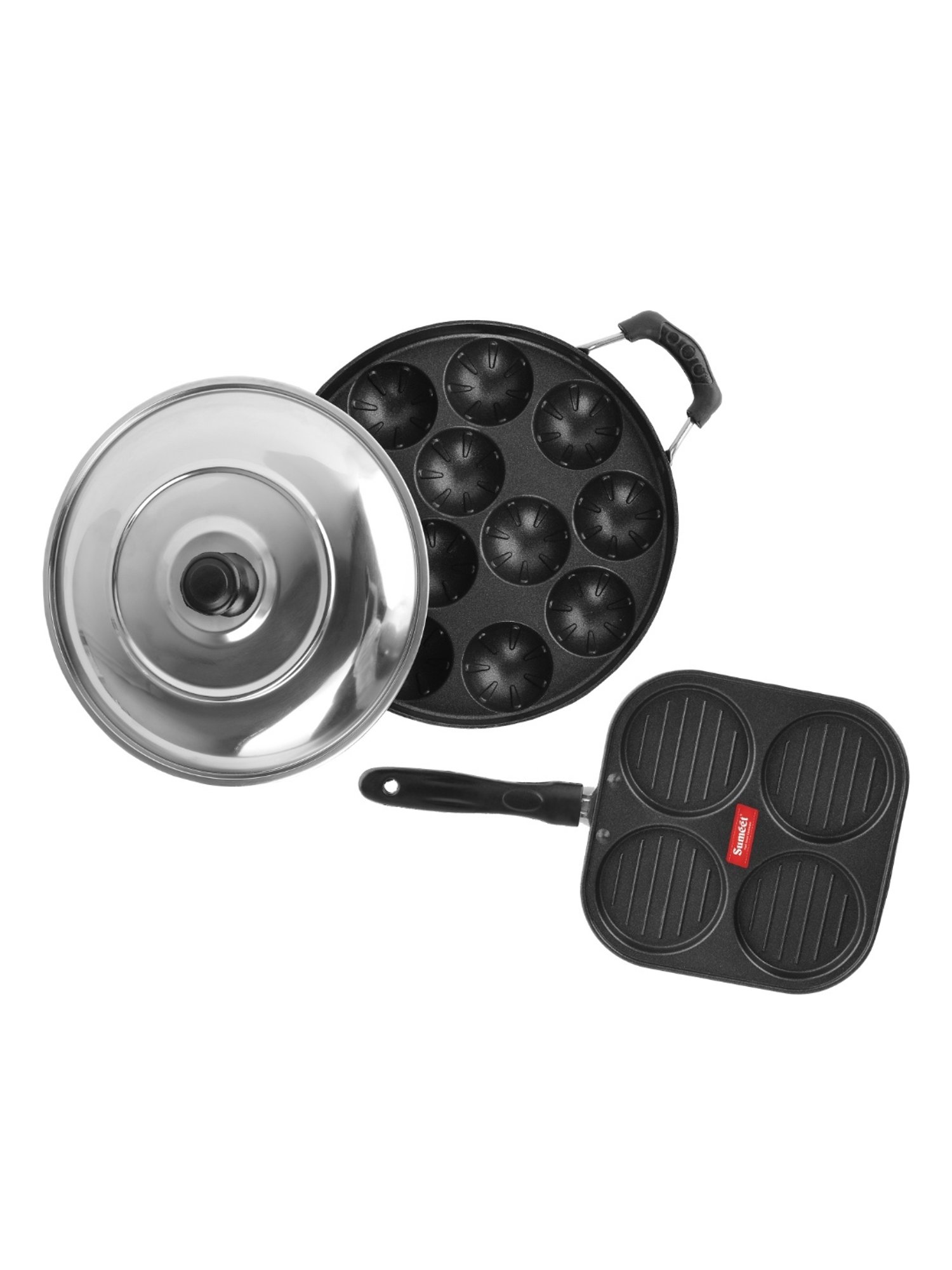 Sumeet NonStick 2pc Cookware Set of 2.6mm Thick(Mini Multi Snack Maker + Grill Appam Patra With Lid)