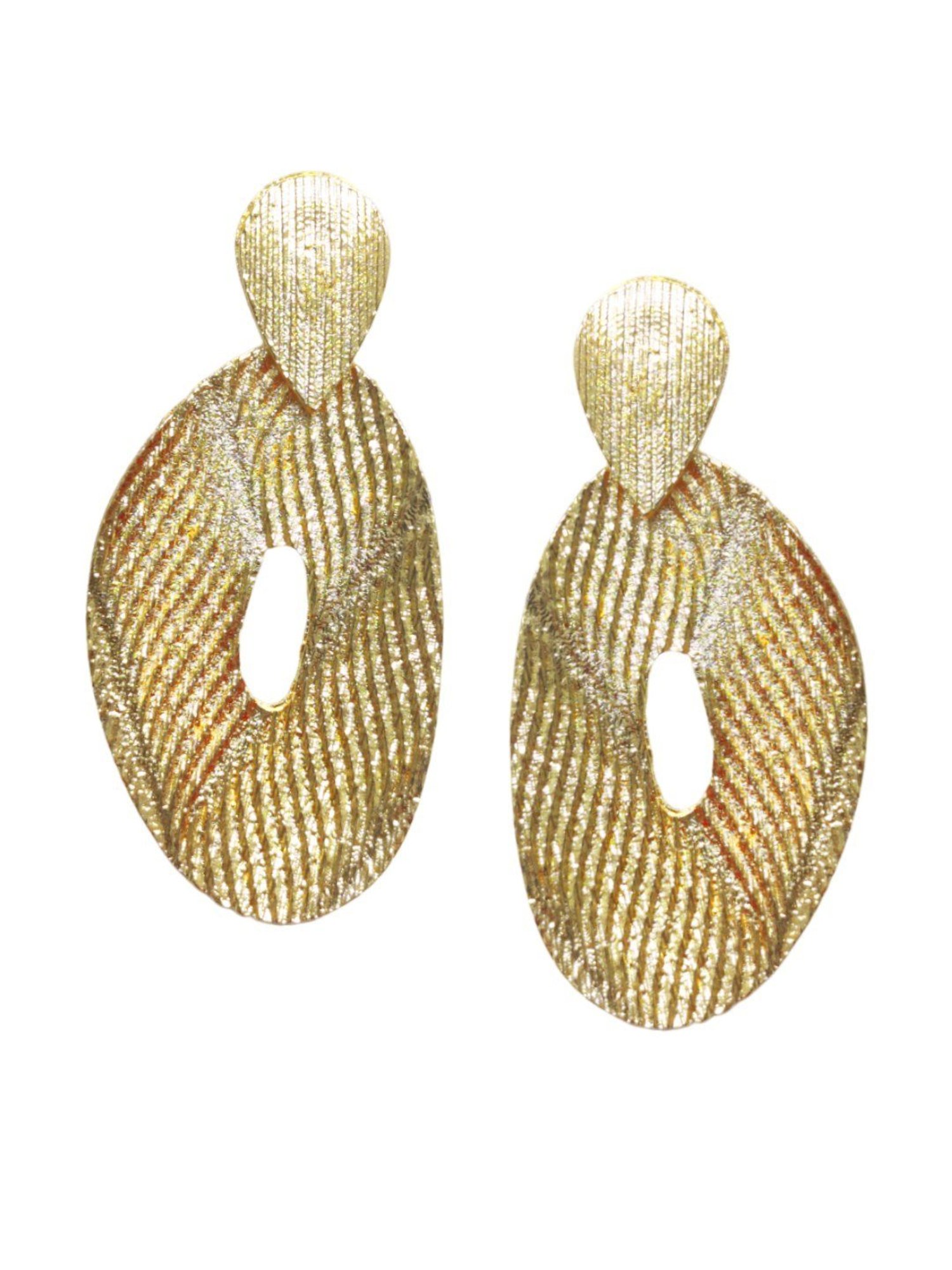 OOMPH Gold Large Textured Oval Shape Bold Look Dangler Earrings