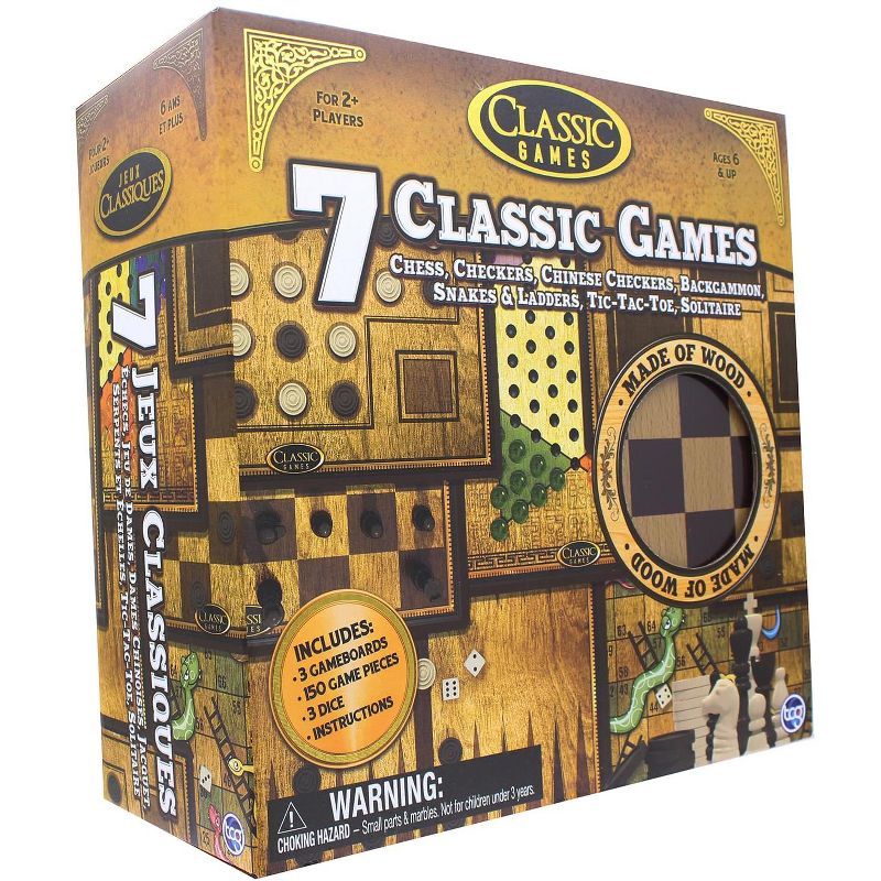 The Canadian Group Classic Games Wood 7 Classic Games Set | 3 Boards & 150 Game Pieces