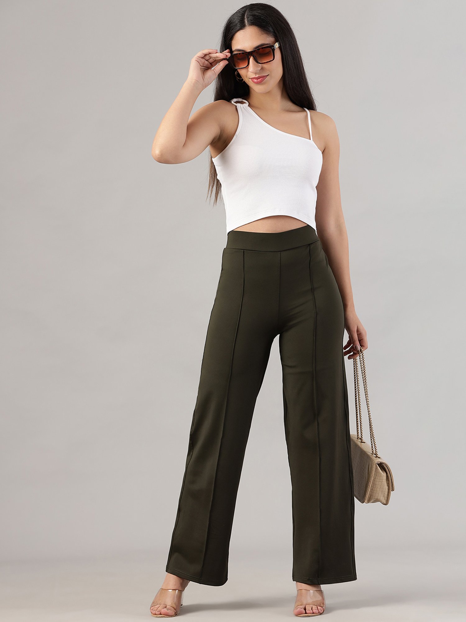FITHUB Olive Relaxed Fit High Rise Trousers