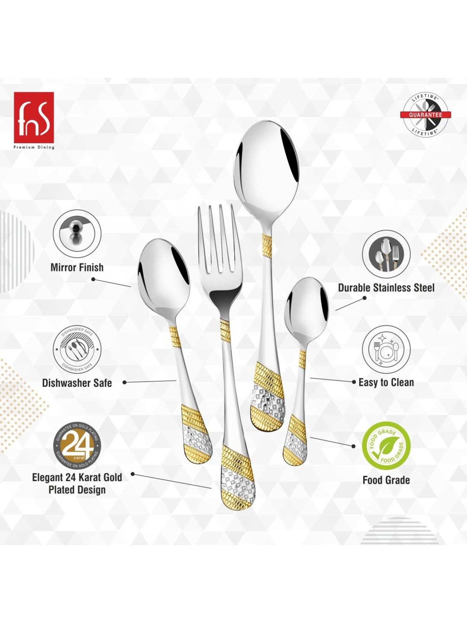 FnS Imperio Silver & Gold Stainless Steel Cutlery - Set of 24