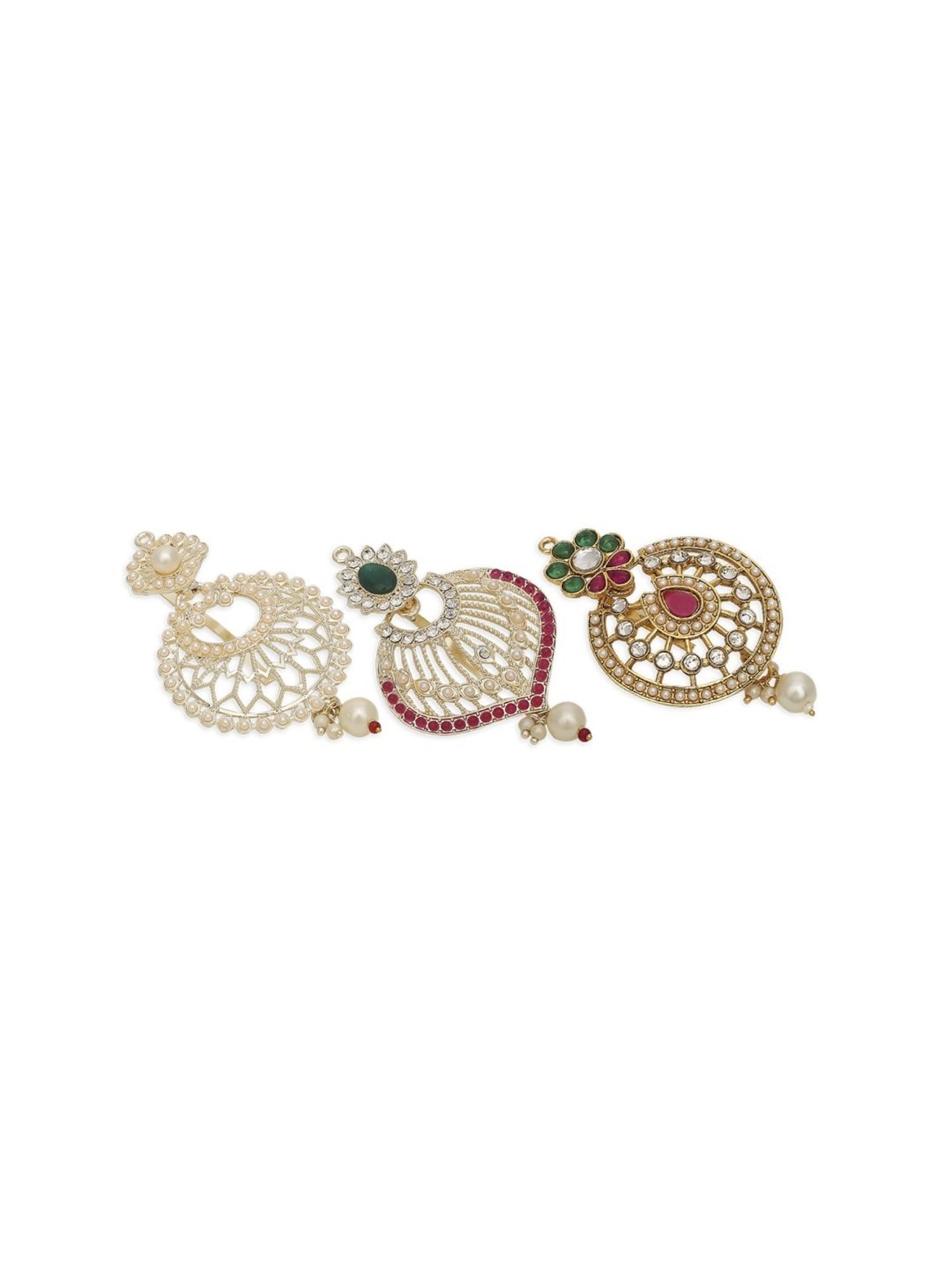 OOMPH Combo of 3 Maroon Green Stones & Pearls Hair Bun Pin Juda Pin Ethnic Chandbali Style