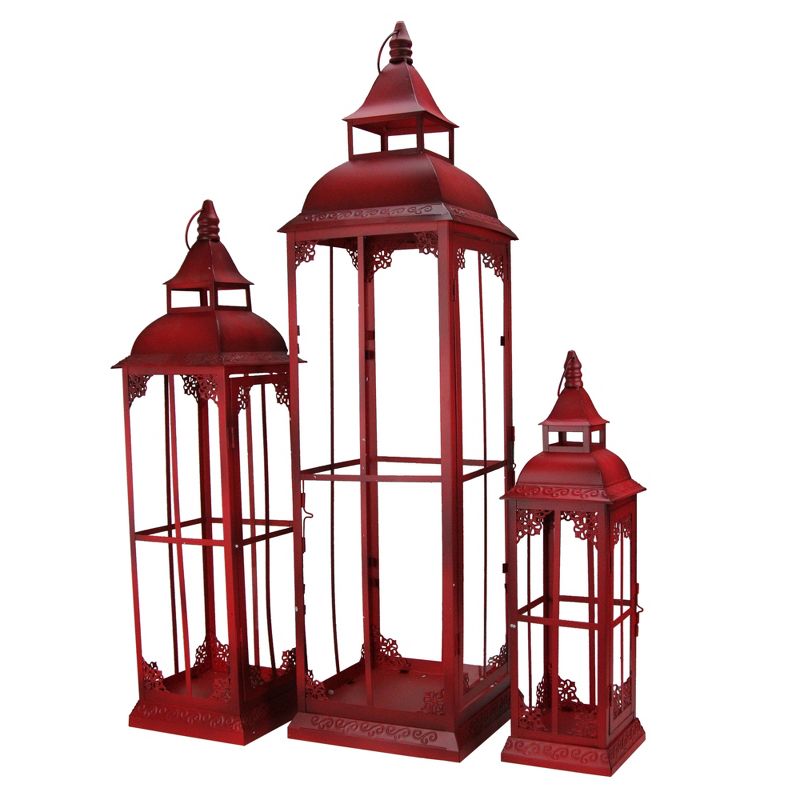 Melrose Set of 3 Red Weathered Metal & Glass Pillar Candle Lanterns - 38"