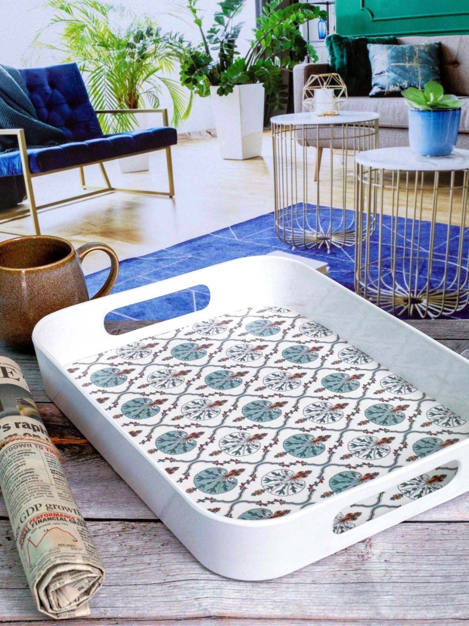 Goodhomes White & Green Melamine Rectangular Serving Tray