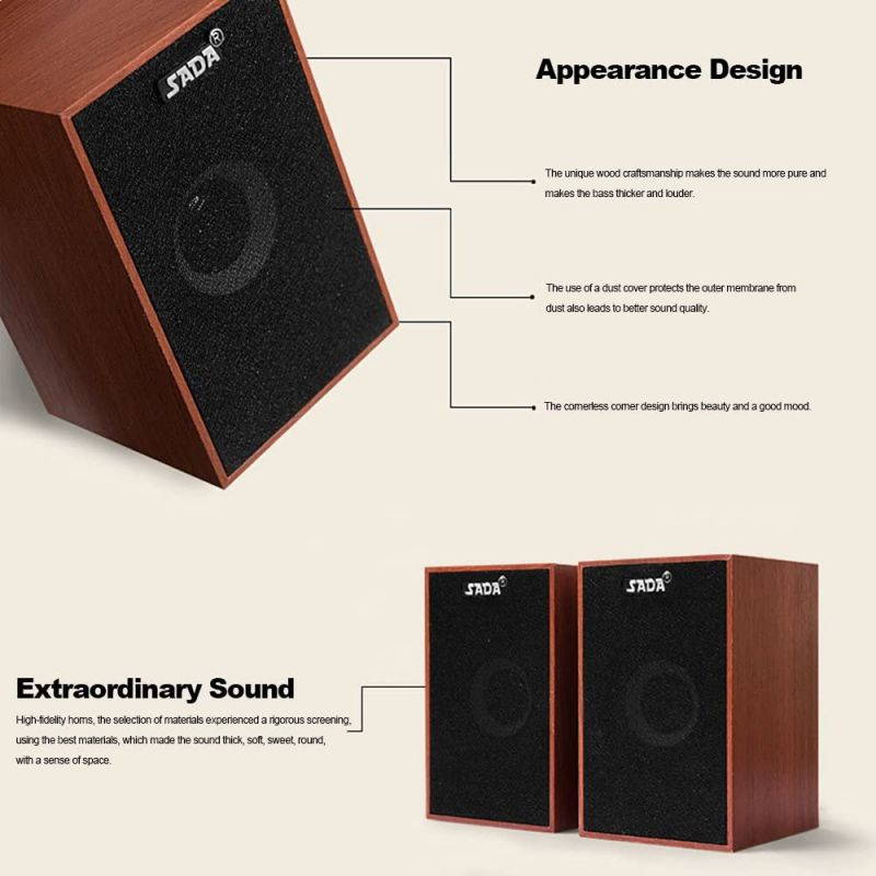 Docooler USB Wired Wooden Combination Speakers Computer Speakers Bass Stereo Music Player Subwoofer Sound Box for Desktop Laptop Notebook Smart Phone