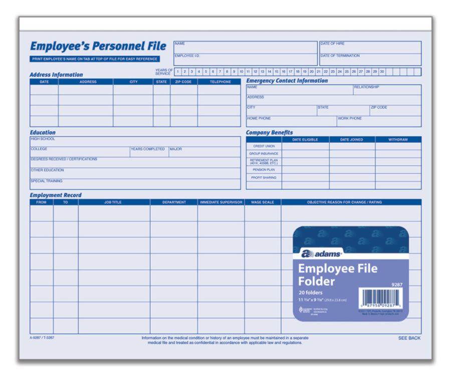 Adams Employee Personal File 11-3/4"x9-1/2" 20/PK 9287ABF