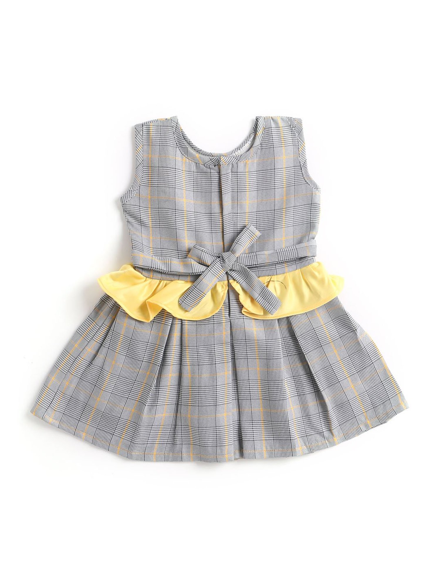 The Magic Wand Kids Grey & Yellow Checks Dress with Bow