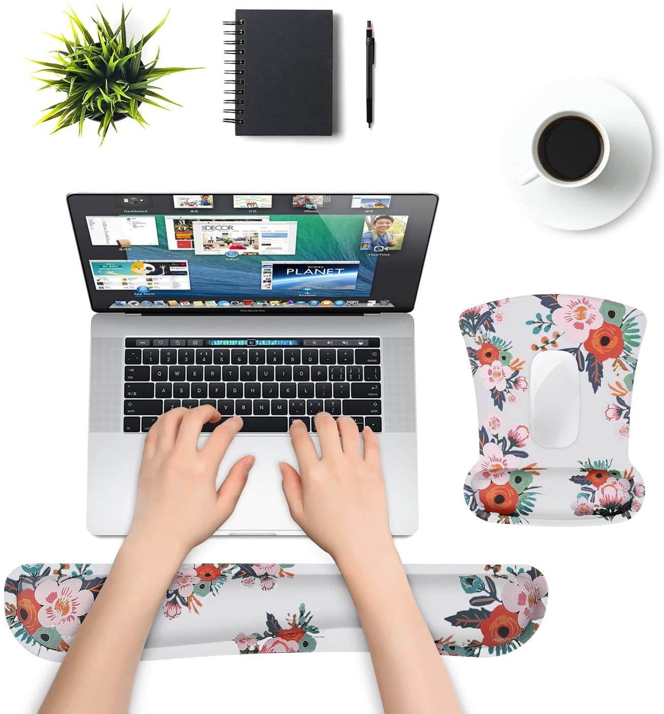 MOSISO Mouse Pad Wrist Rest Support & Keyboard Set, Begonia Ergonomic Mousepad Non-Slip Rubber Base Home Office Pain Relief & Easy Typing Cushion with Neoprene Cloth & Memory Foam, White