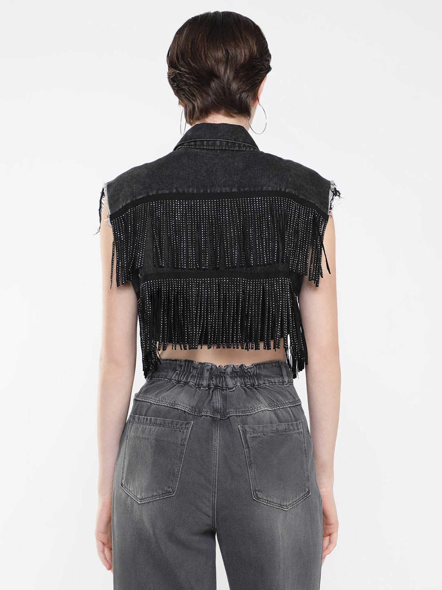 SHOWOFF Black Embellished Crop Denim Jacket