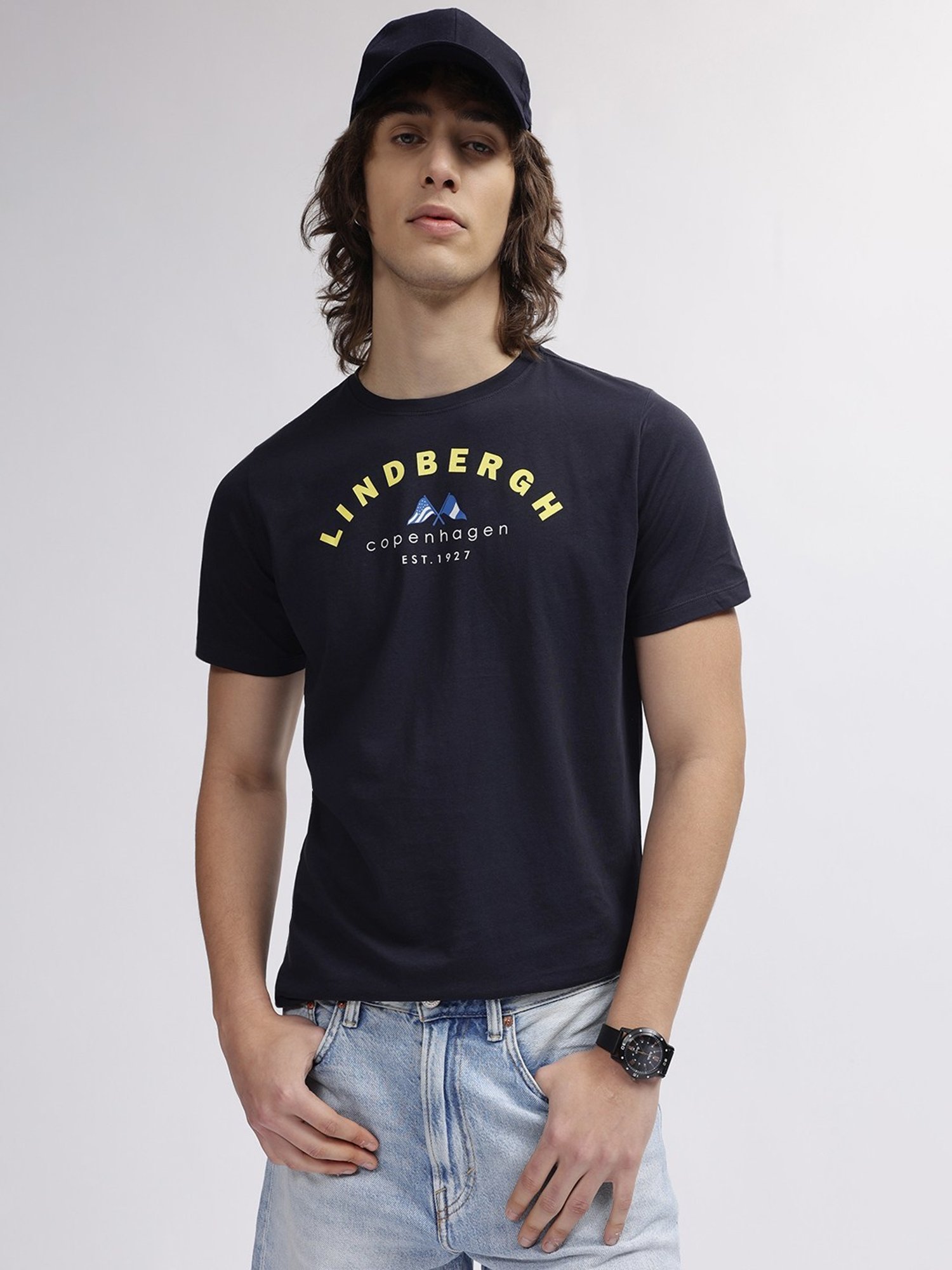 Lindbergh Blue Cotton Regular Fit Printed T-Shirt