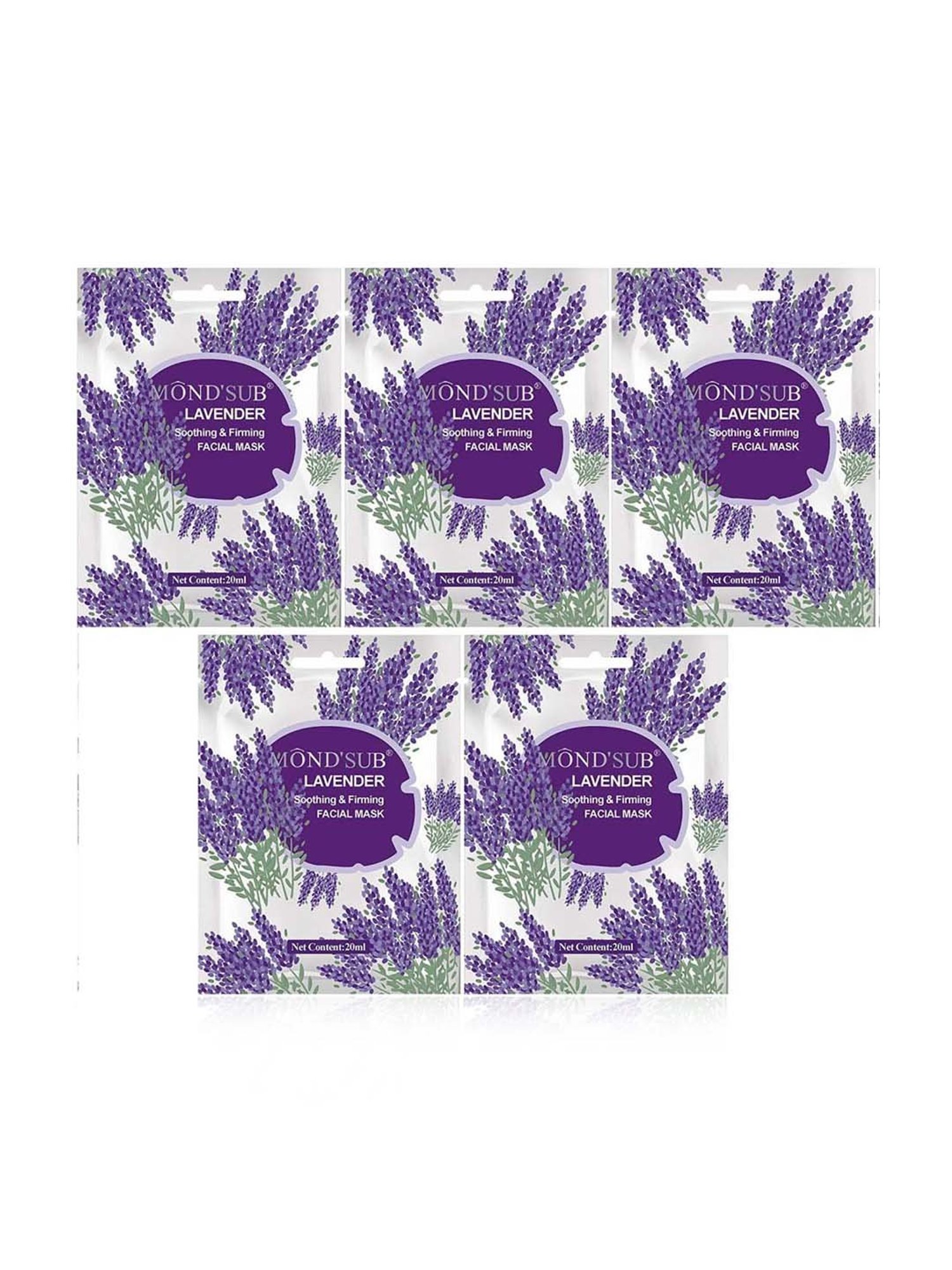 MONDSUB Lavender Soothing Facial Sheet Masks (Pack of 5) - 20 ml Each