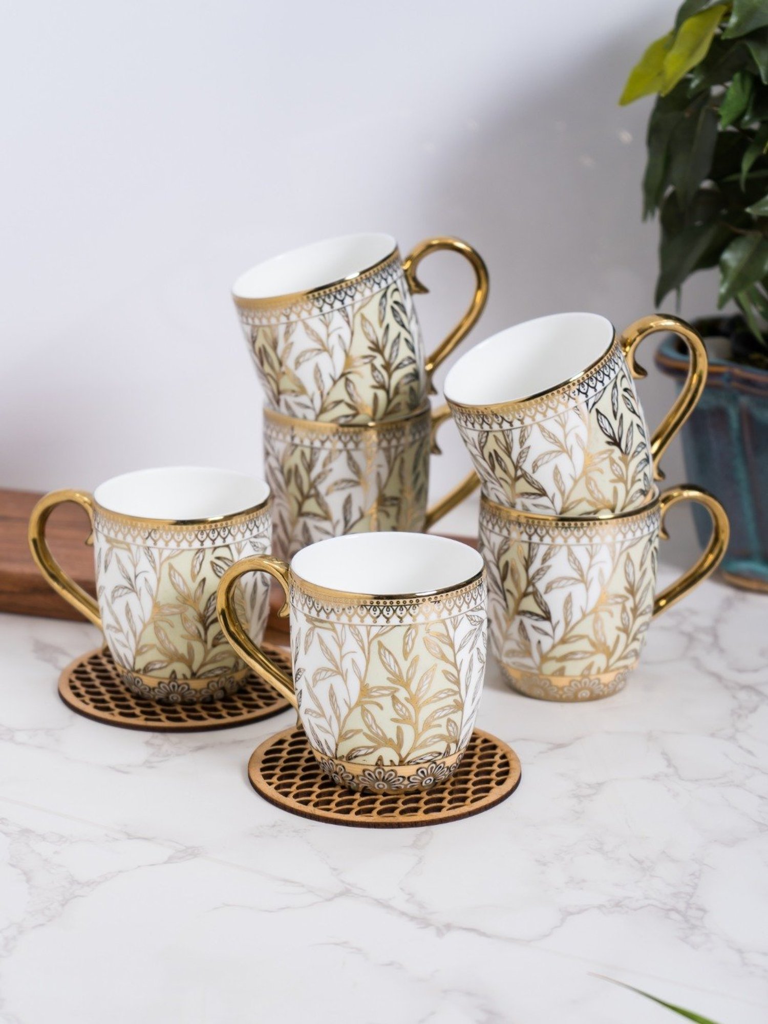 JCPL Printed Green Ceramic Tea Cups- Set of 6 (200 ml each)