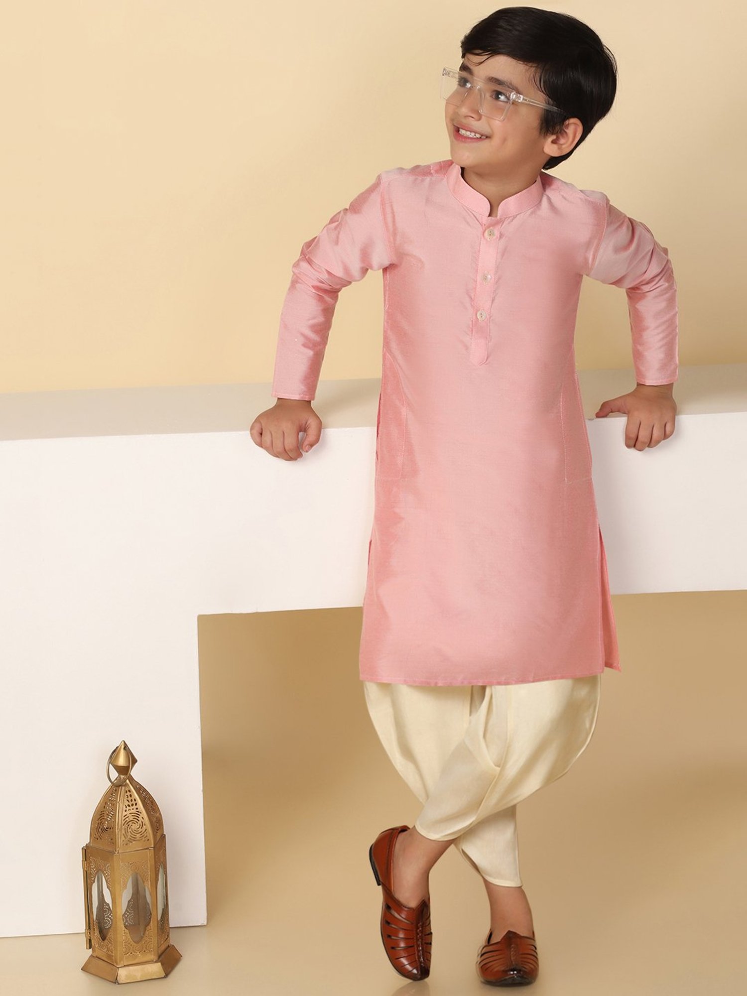 KISAH Kids Pink & Cream Solid Full Sleeves Kurta with Dhoti