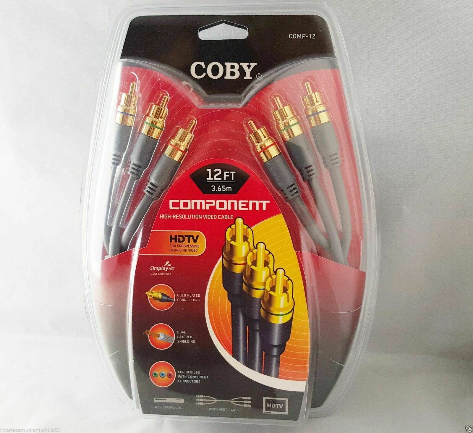 Coby 12 feet High Resolution Component RCA HD-TV Video Cable Gold Plated COMP-12