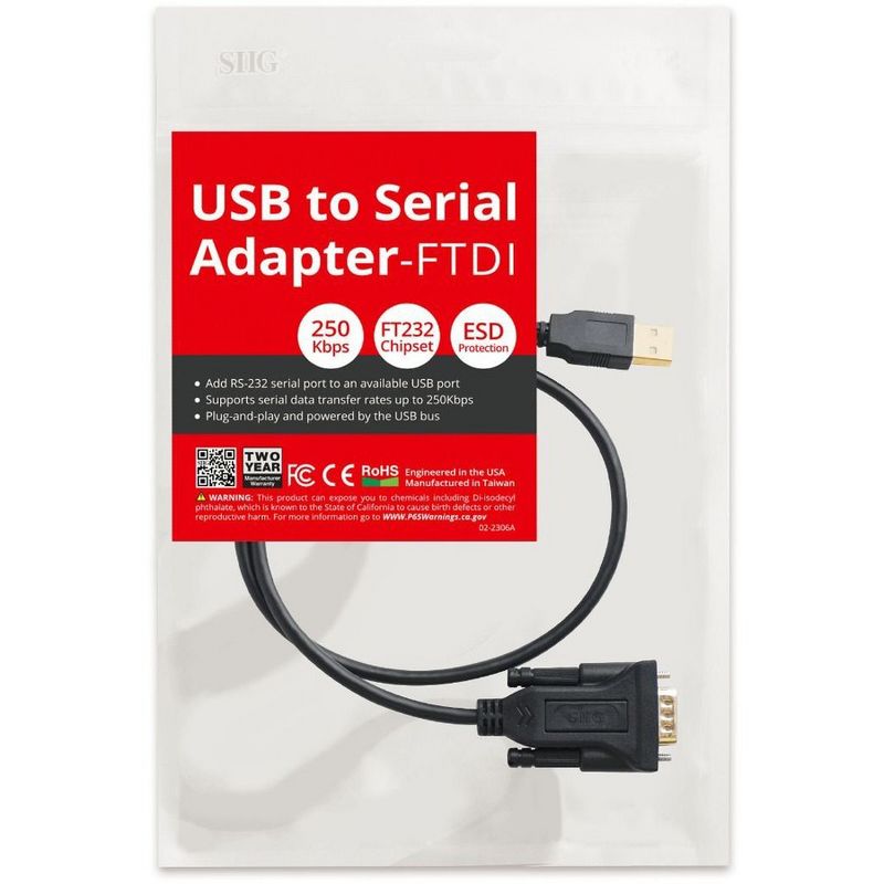 SIIG USB to RS-232 Serial Adapter Cable - FTDI FT232 - 12Mbps USB Data Transfer Rates - Compatible with Windows and Mac