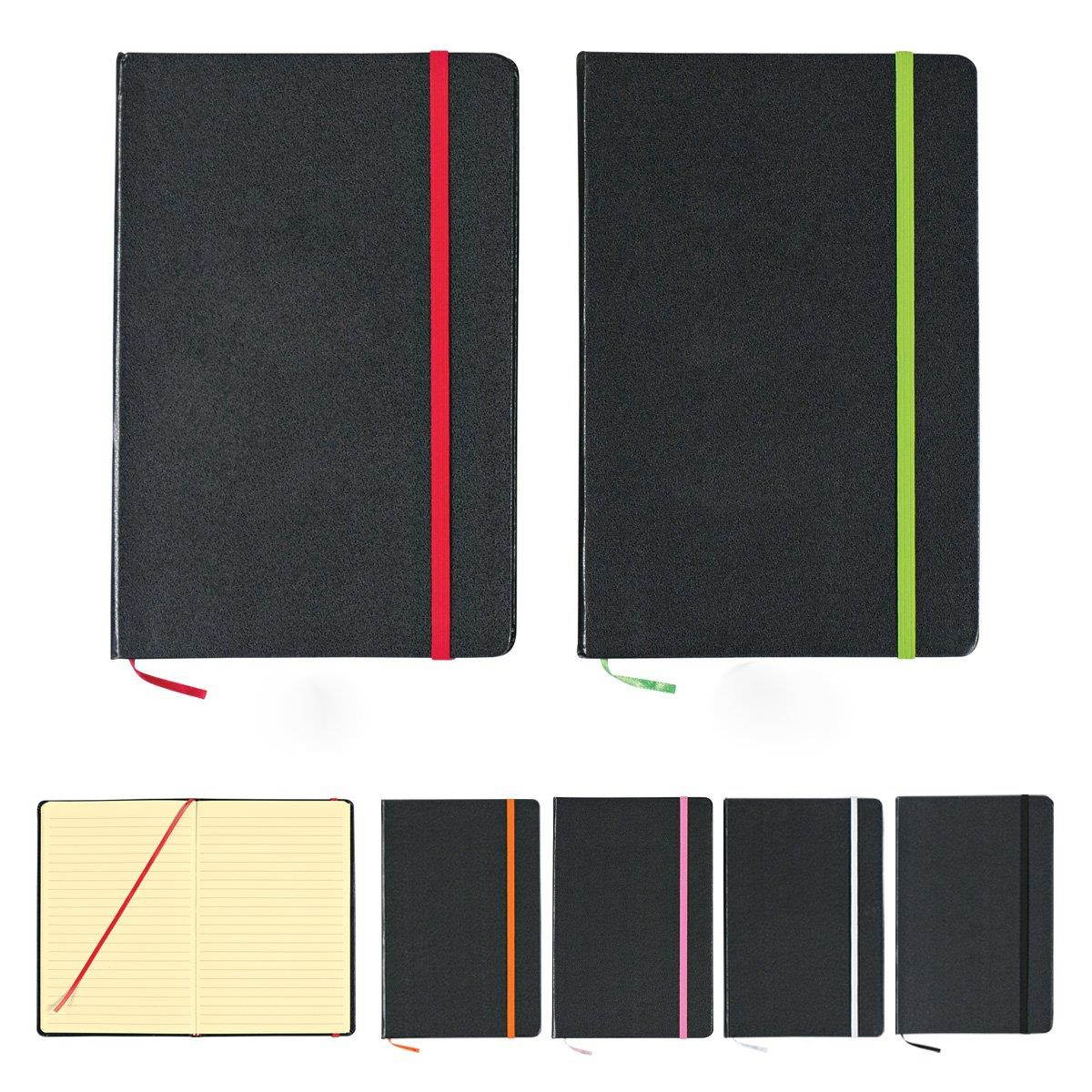 Black Journal/Writing Notebook/Blank Diary/Lined Pages Book- Colored Rubber Closure And Bookmark,Hardbound, Inside Back Pocket (Orange)