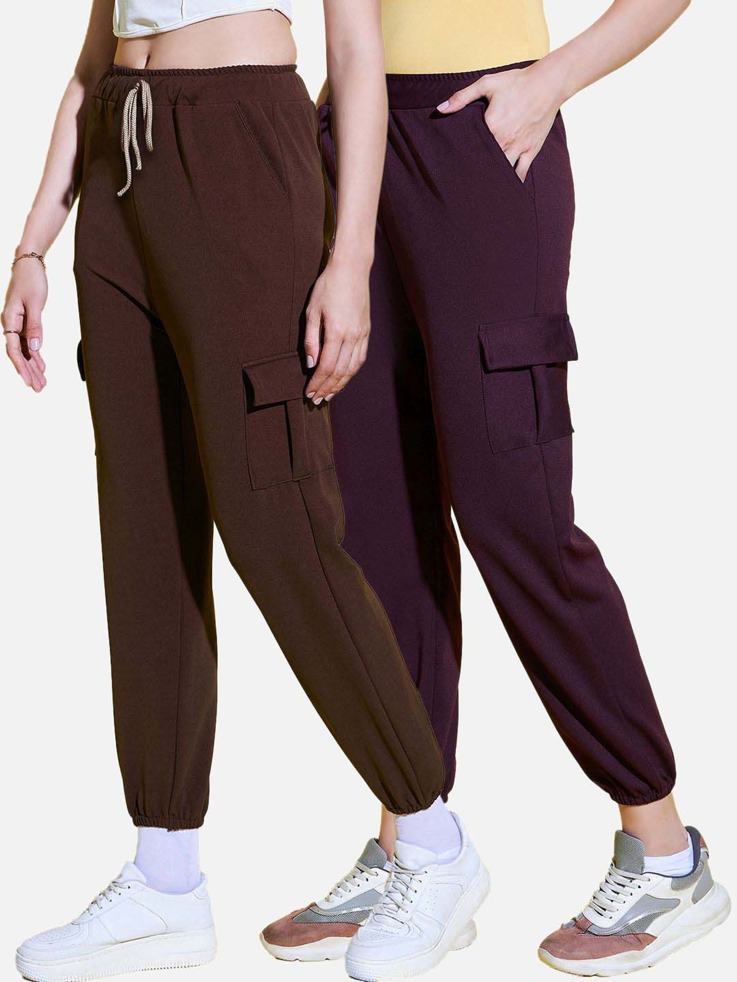 BUYNEWTREND Brown & Purple High rise Joggers (Pack Of 2)