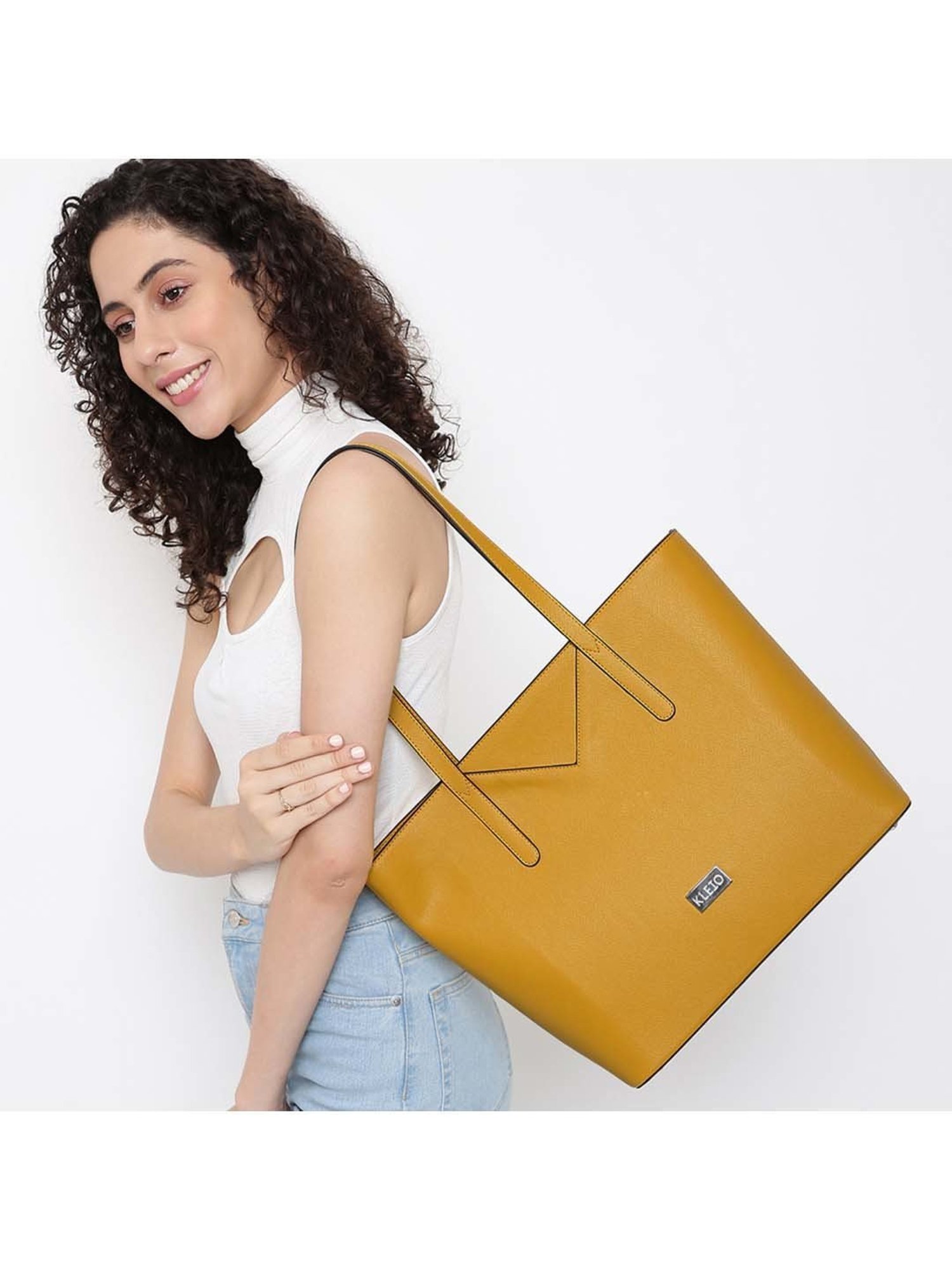 KLEIO Mustard Solid Medium Tote Handbag