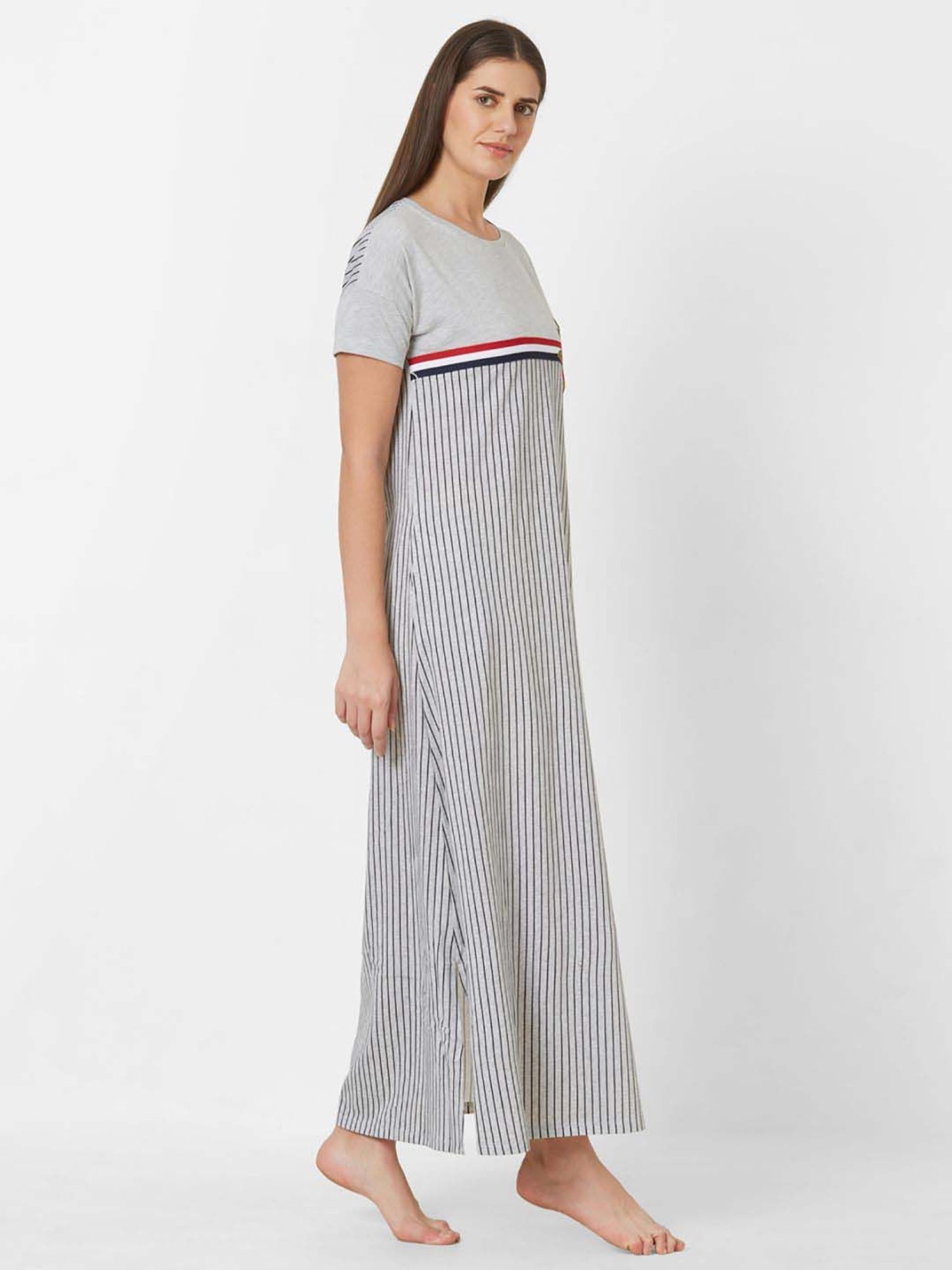 Sweet Dreams Grey Cotton Striped Nighty