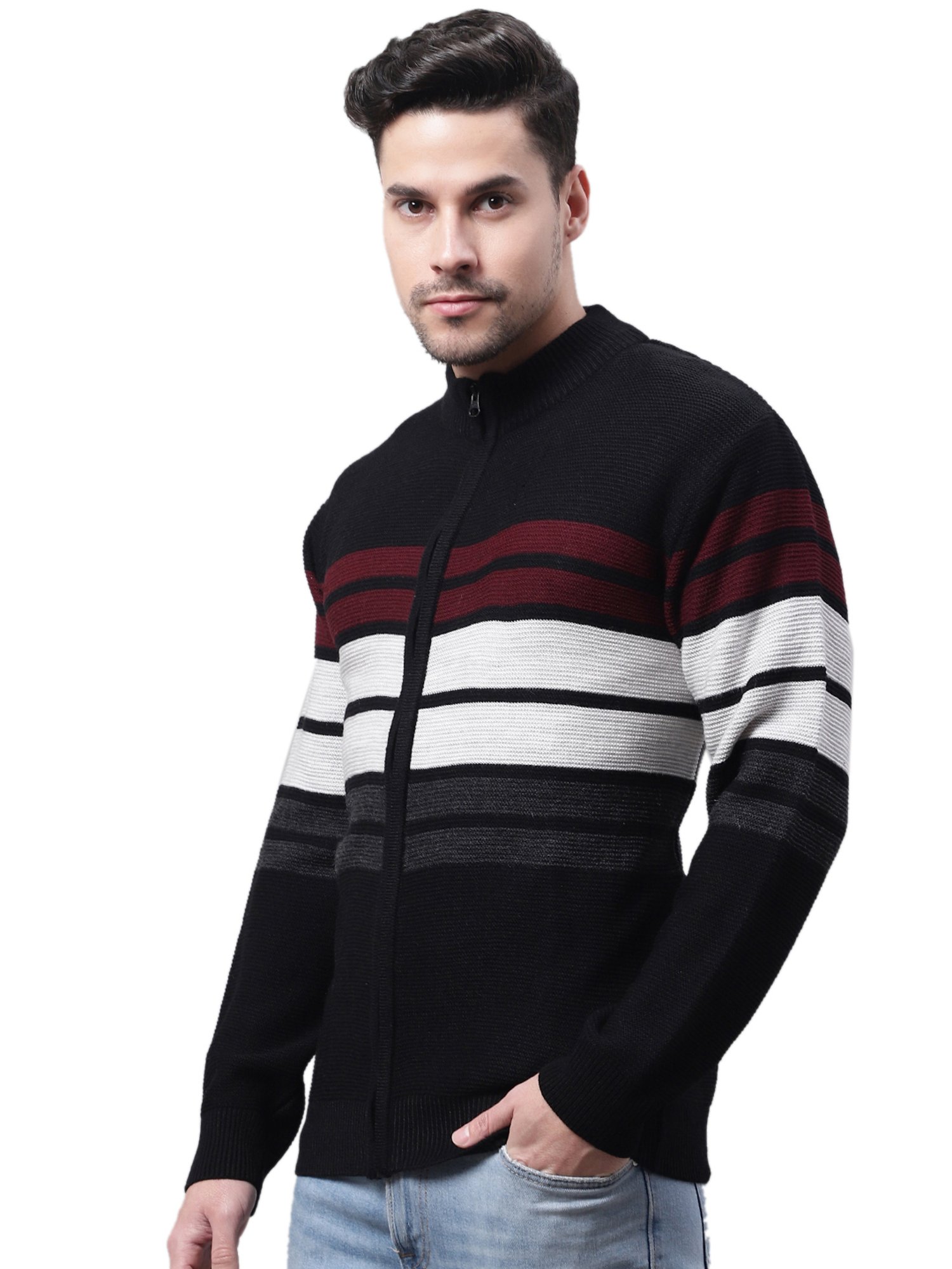 Cantabil Black Regular Fit Striped Sweater
