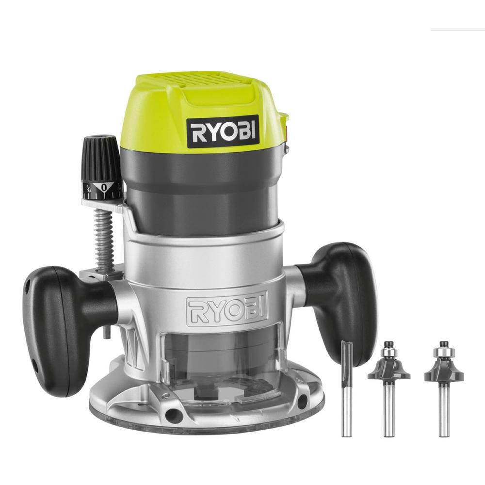 ryobi r1631k 11/2 peak hp 8.5 amp led lit corded router including 3 piece bit set w/ tool bag