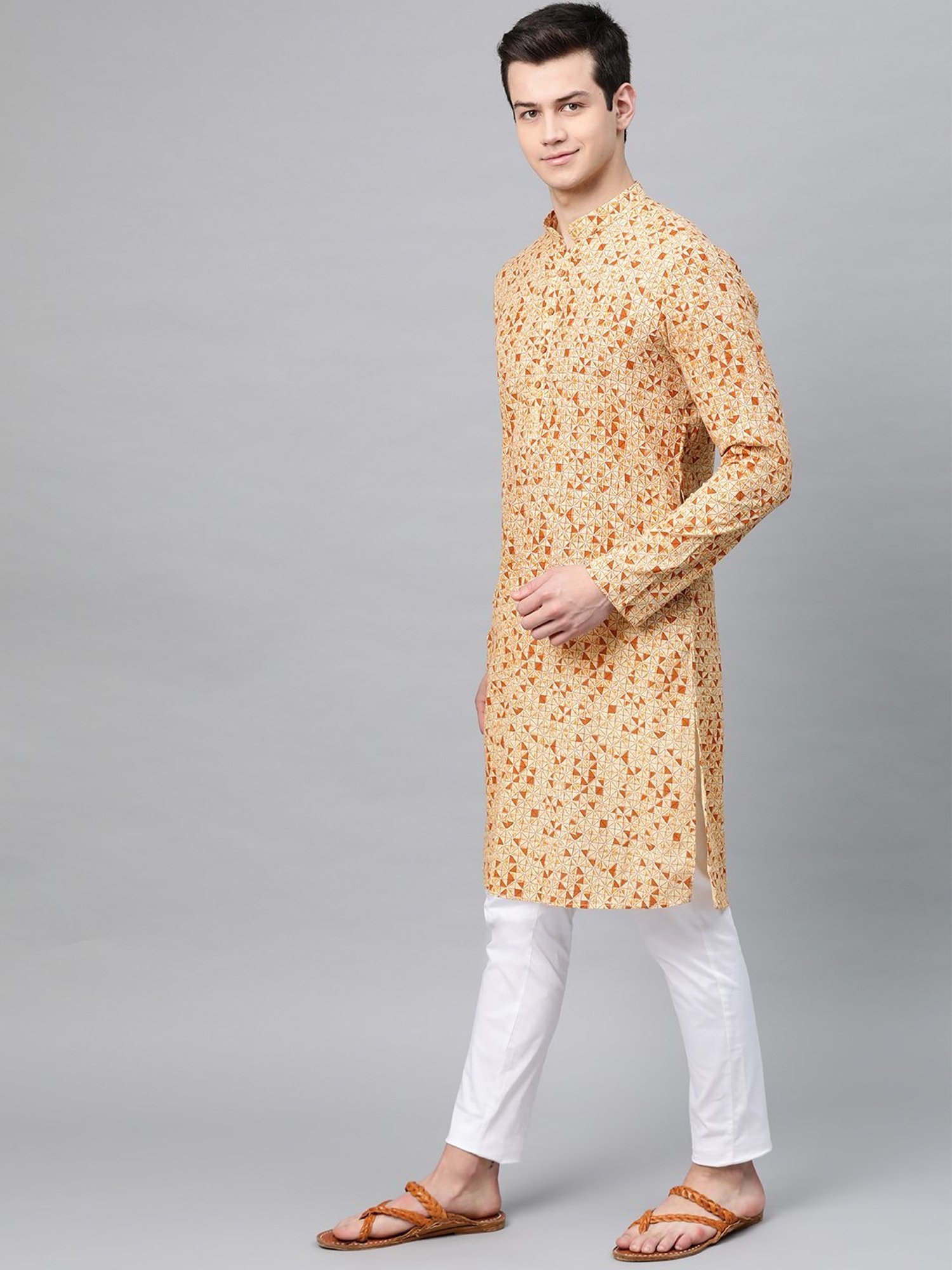 See Designs Cream & Brown Cotton Regular Fit Printed Kurta Bottom Set